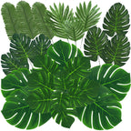 QUANQIUFEI 100 Pcs 9 Kinds Artificial Palm Leaves Tropical Fake Leaves, Monstera Leaf Gold Faux Leaves for Safari Jungle Hawaiia
