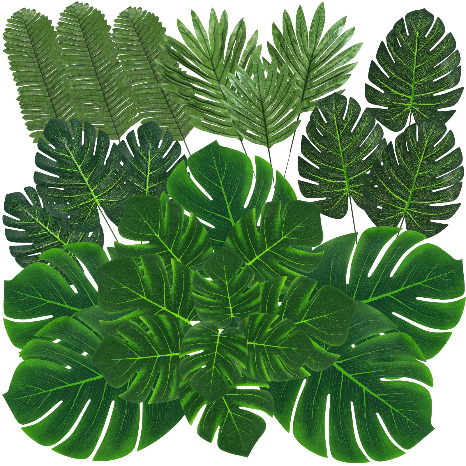 QUANQIUFEI 100 Pcs 9 Kinds Artificial Palm Leaves Tropical Fake Leaves, Monstera Leaf Gold Faux Leaves for Safari Jungle Hawaiia