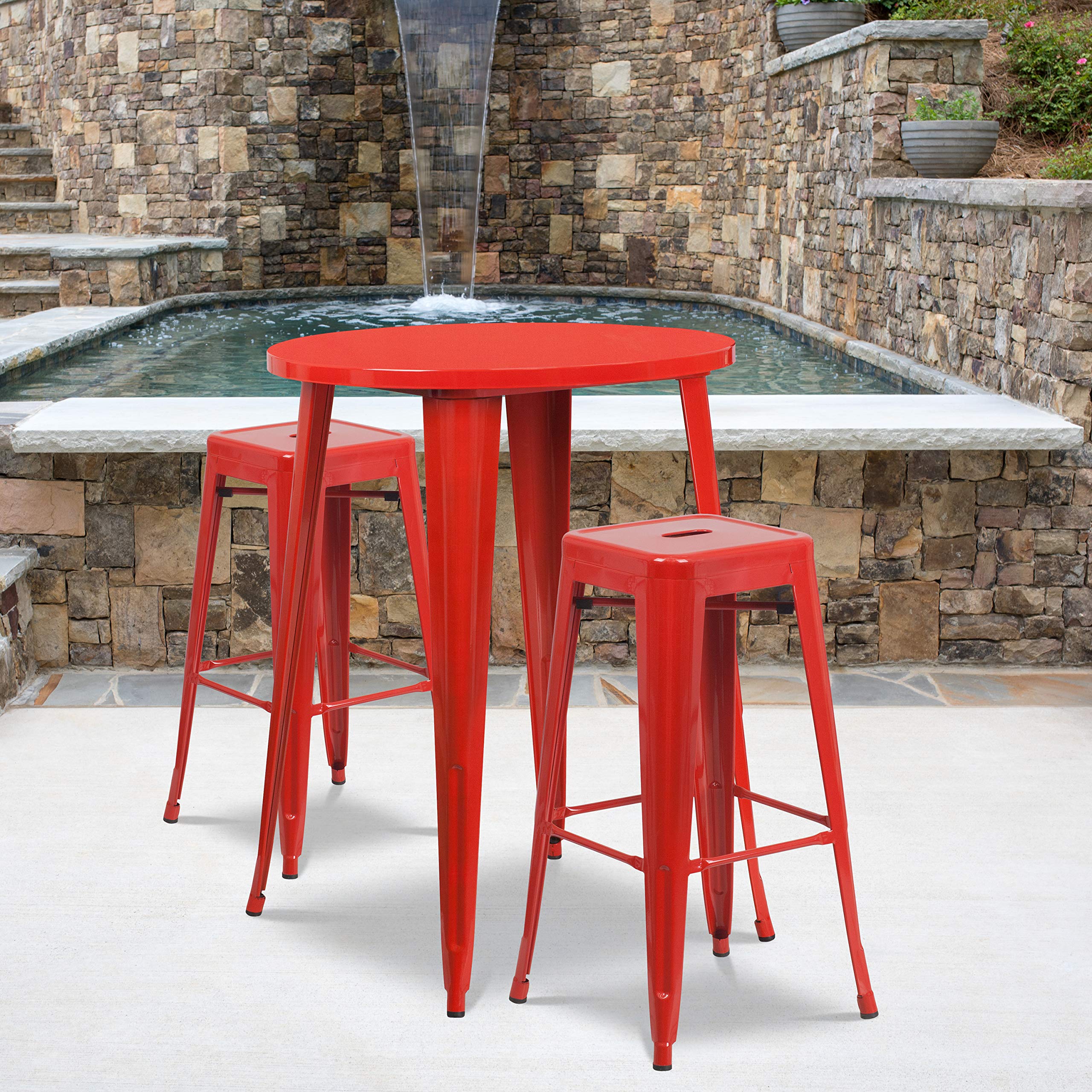 Flash Furniture Commercial Grade 30" Round Red Metal Indoor-Outdoor Bar Table Set with 2 Square Seat Backless Stools