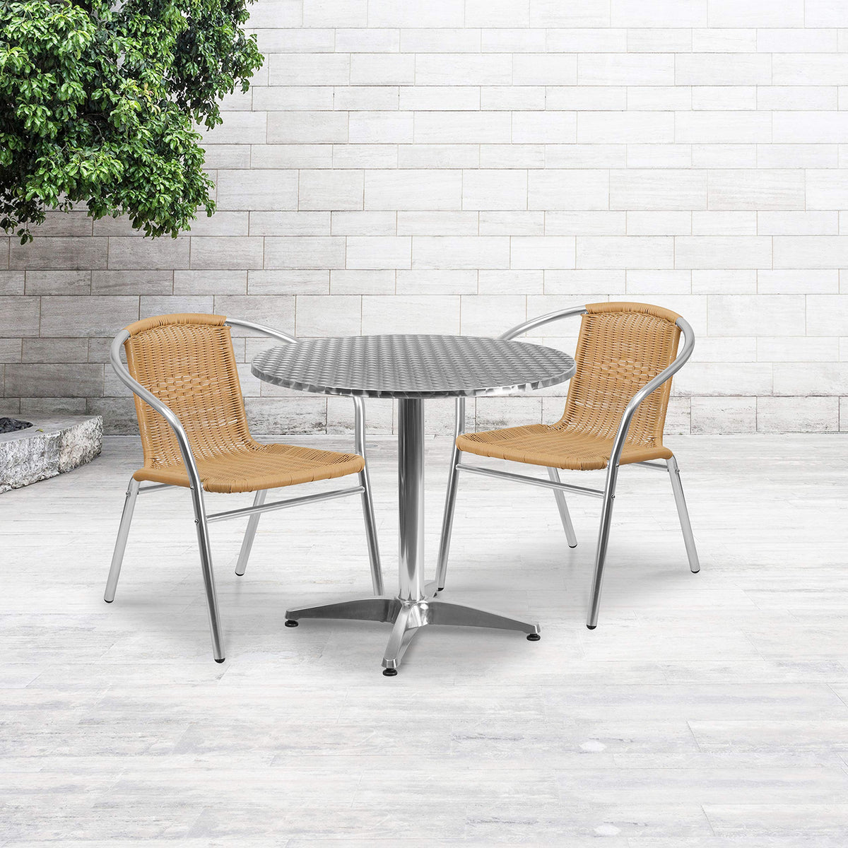 Flash Furniture Lila 31.5'' Round Aluminum Indoor-Outdoor Table Set with 2 Beige Rattan Chairs