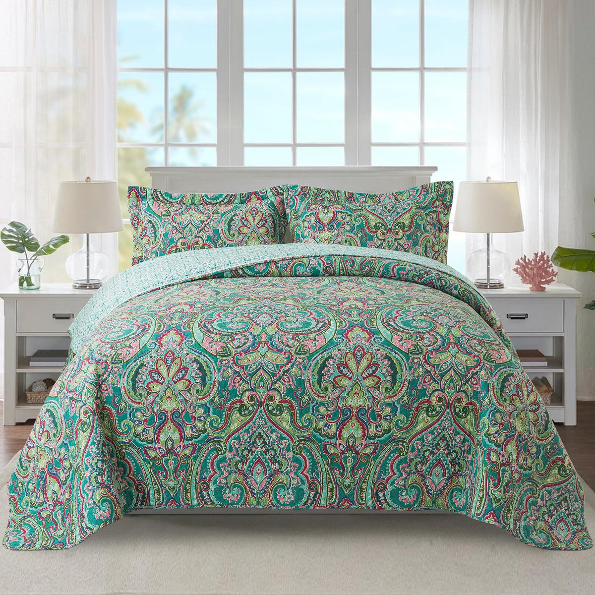Newlake Cotton Bedspread Quilt Sets-Reversible Patchwork Coverlet Set, European Teal Floral Pattern, California King Size