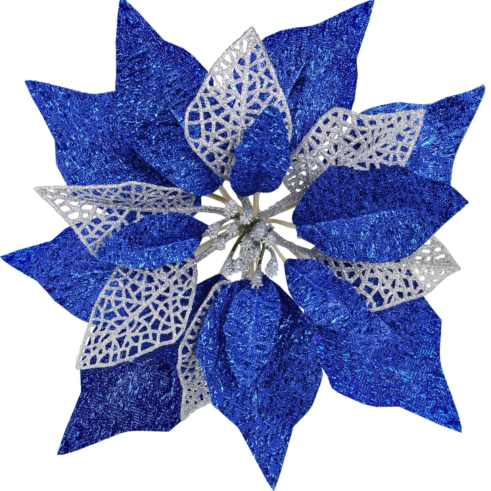 14 Set 8.7 Wide 4 Layers Christmas Blue Glitter Poinsettia Flowers Picks Christmas Tree Ornaments for Blue Christmas Tree Wreath