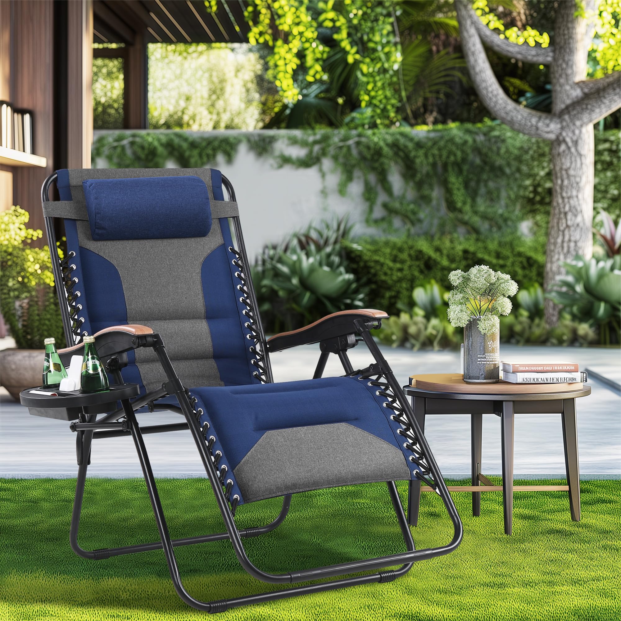 Maison Arts Oversized Xxl Padded Zero Gravity Lounge Chair 30' Wide Seat Anti Gravity Lawn Chair Foldable Recliner Outdoor Camp Chair For Poolside Backyard Beach, Support 400Lbs, Blue & Grey
