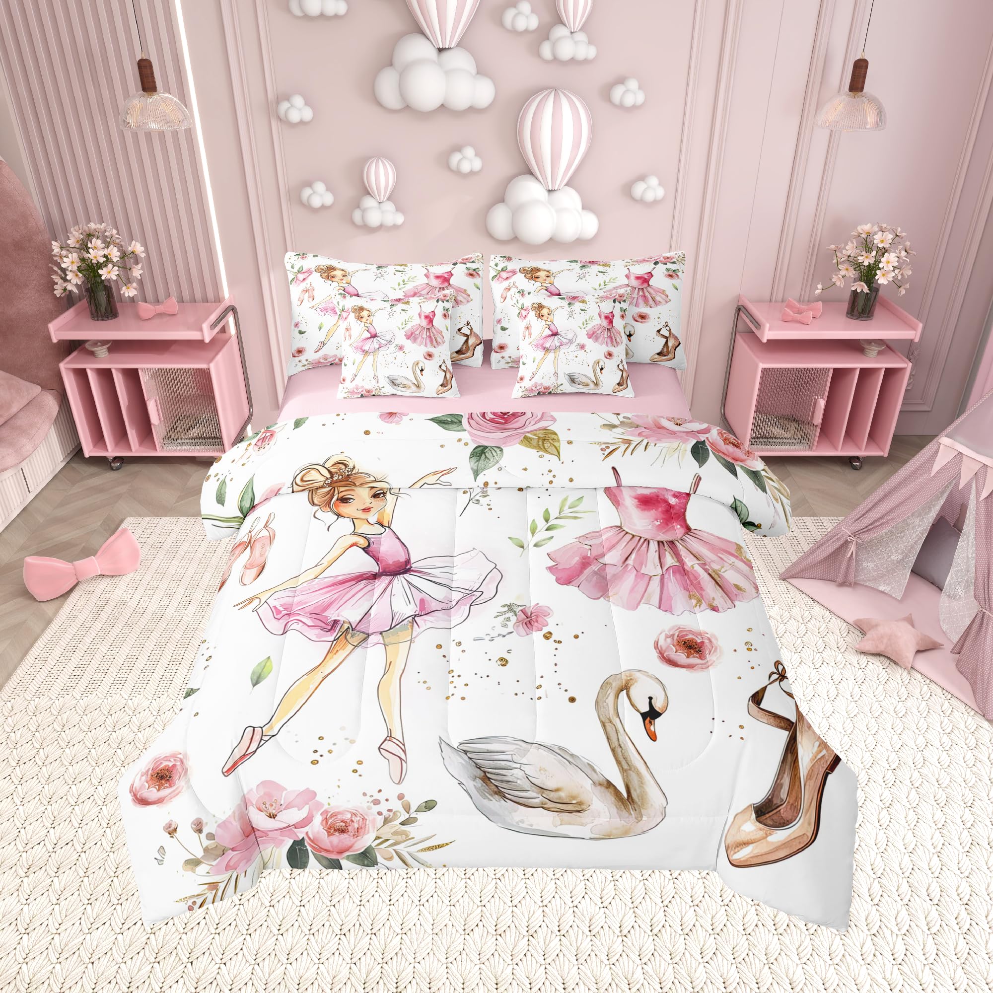 Ballet Dance Girl Comforter Set Queen Size 7 Pcs,Pink Dancing Dress Shoes Bedding Set,Fantasy Swan Watercolor Flowers Dreamy(Com