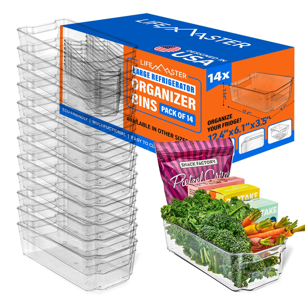 14Piece Stackable Refrigerator Bin Organizer Set with Easy Grip Handles  Clear MultiPurpose Storage Bins for Fridge and Pantr