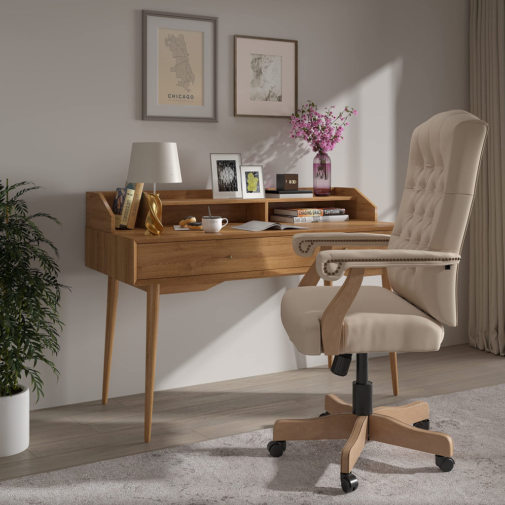 Flash Furniture Derrick Traditional Microfiber Tufted Swivel Office Chair with Wood Base, Ergonomic Farmhouse High-Back Desk Chair, Ivory/Brown