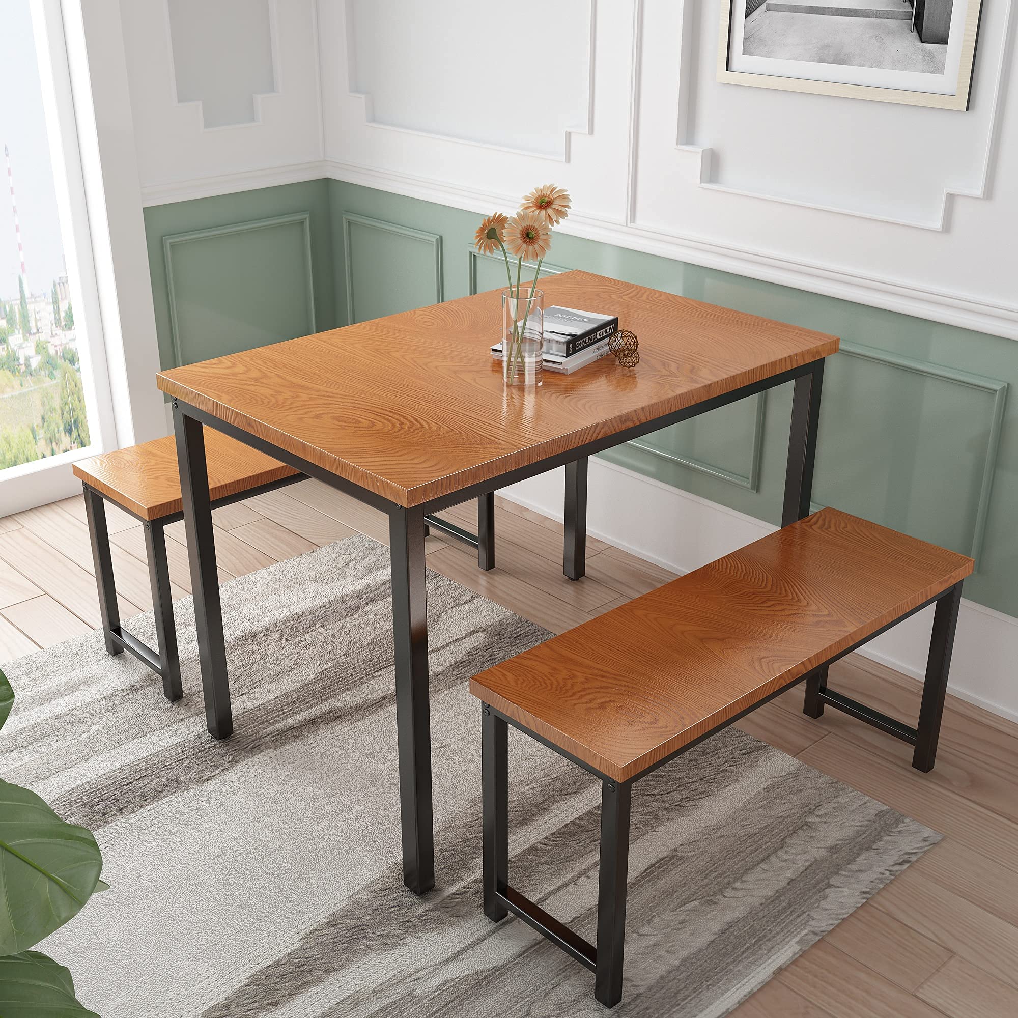 Awqm Dining Room Table Set, Kitchen Table Set With 2 Benches, Ideal For Home, Kitchen And Dining Room, Breakfast Table Of 47.2X28.7X28.7 Inches, Benches Of 41.3X11.8X17.7 Inches, Brown