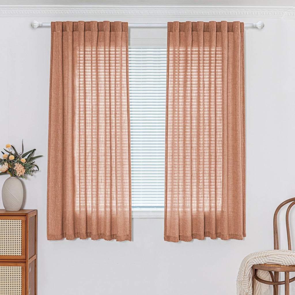 Mysky Home Orange Curtains For Bedroom Short Curtains For Small Window, Boho Semi Sheer Curtains 2 Panels Set Window Treatment Drapes Linen Style Texture For Closet/Kitchen, 50'X63', Burnt Orange