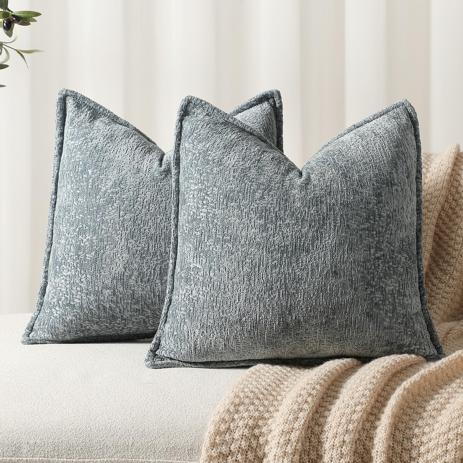 Dezene Pack Of 2 Dusty Blue Decorative Throw Pillow Covers 18X18 Cozy Soft Chenille Boho Accent Vintage Farmhouse Square Couch P
