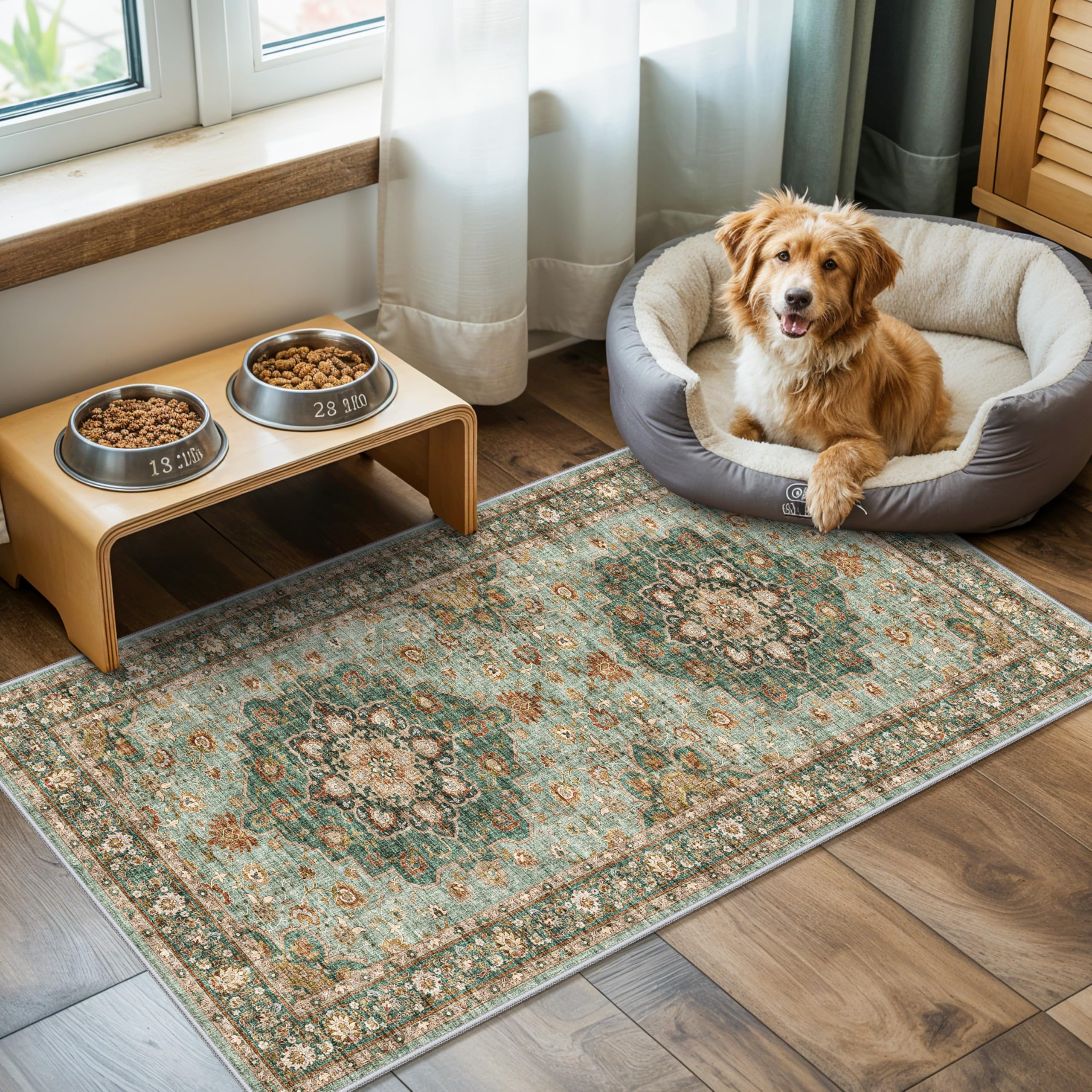TOPRUUG Green Oriental Entry Rug - 2x4 Washable Area Rugs for Kitchen Bathroom Non-Slip Ultra-Thin Indoor Door Mat Indoor Entran