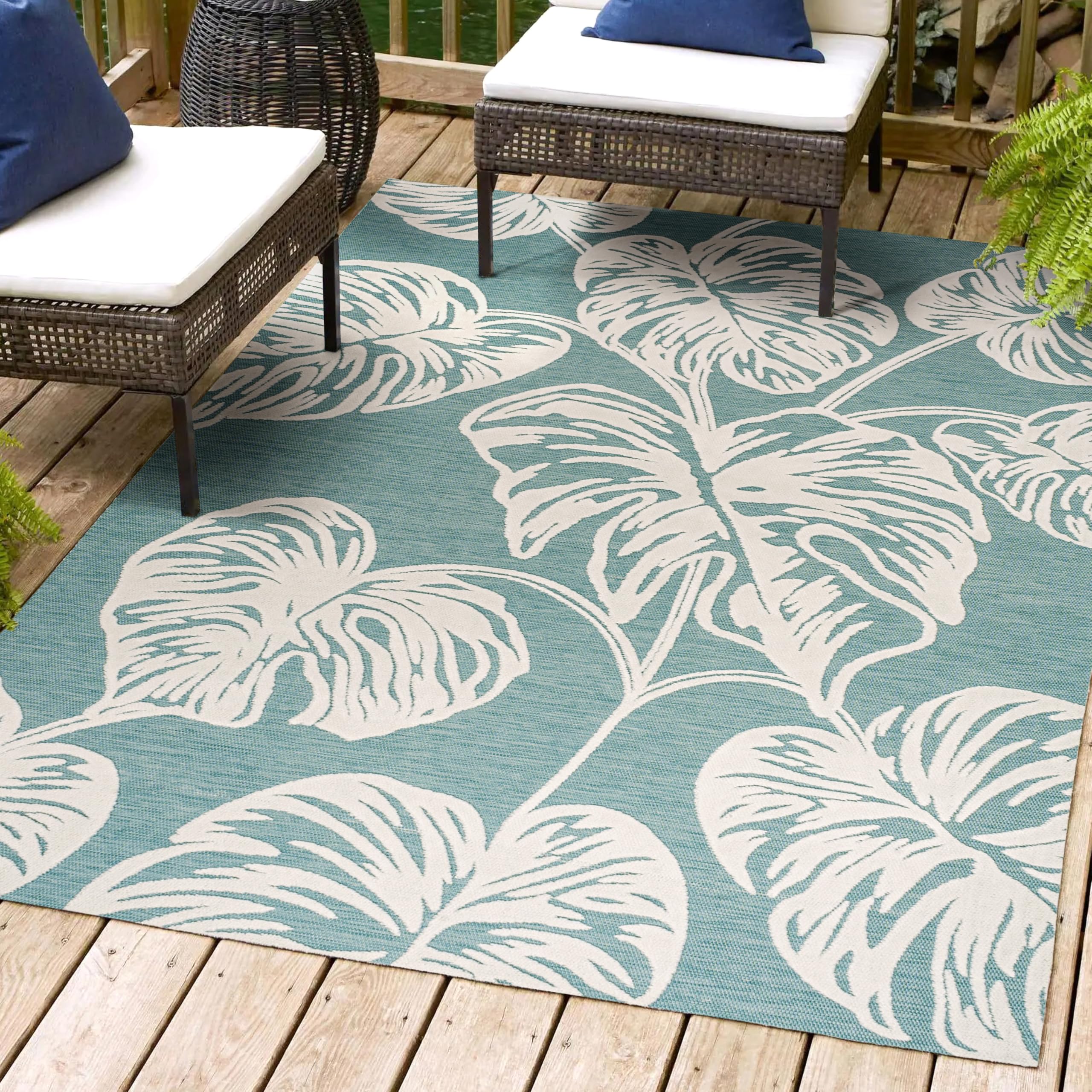 Jonathan Y Hwc100C-5 Tobago High-Low Two-Tone Monstera Leaf Indoor/Outdoor Area Rug, Floral, Coastal, Country, Backyard, Patio,