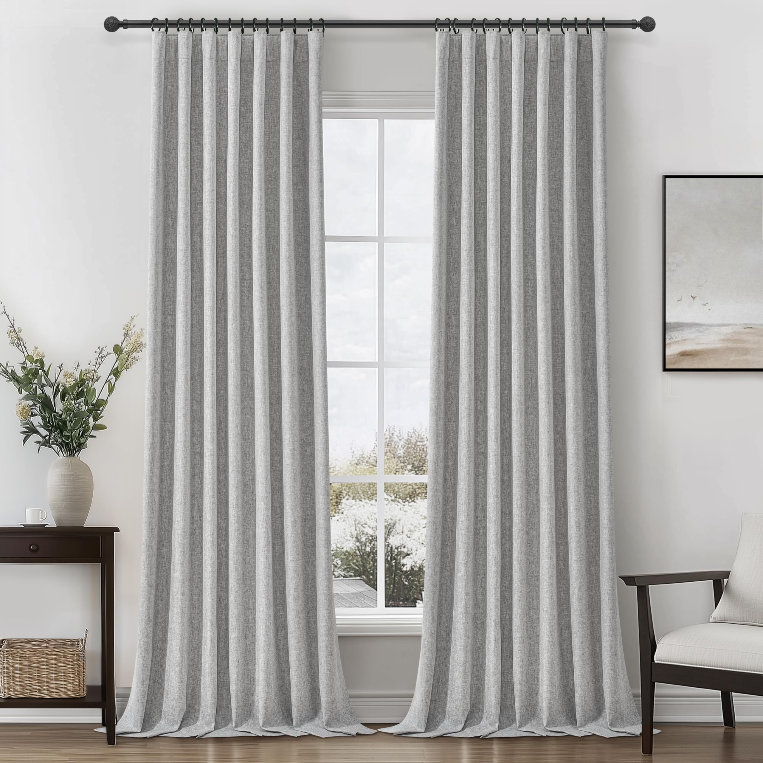Gray 100% Black Out Linen Curtains 92 Inches Long 2 Panels Set for Kids Boys Room, Country Farmhouse Pleated Ceiling Track Curta
