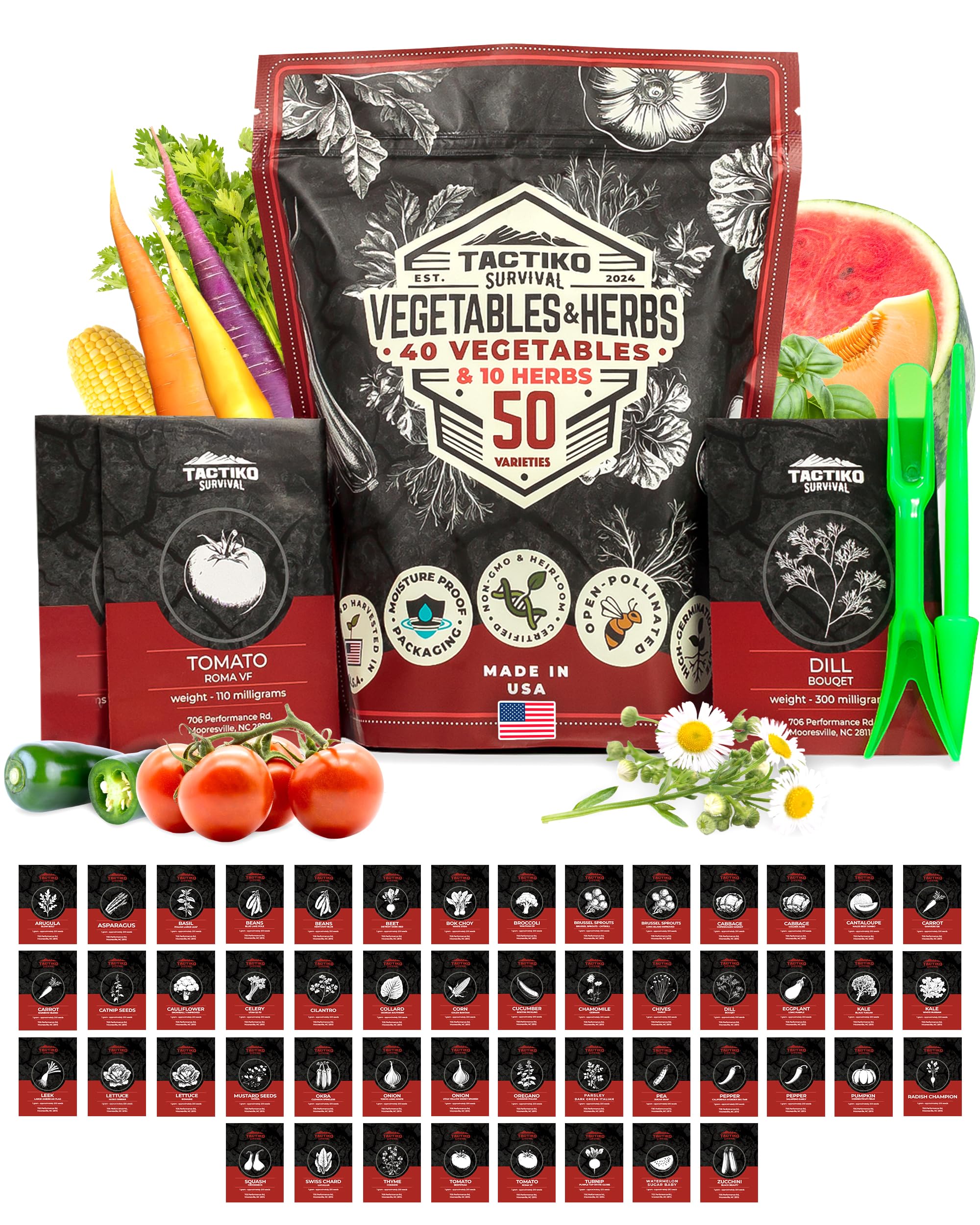 Tactiko Survival U.S.A Harvested 50 Vegetable & Herb Seed Kit - 25,000 Seeds - Long-Term Storage - Non-Gmo Heirloom Open-Pollina