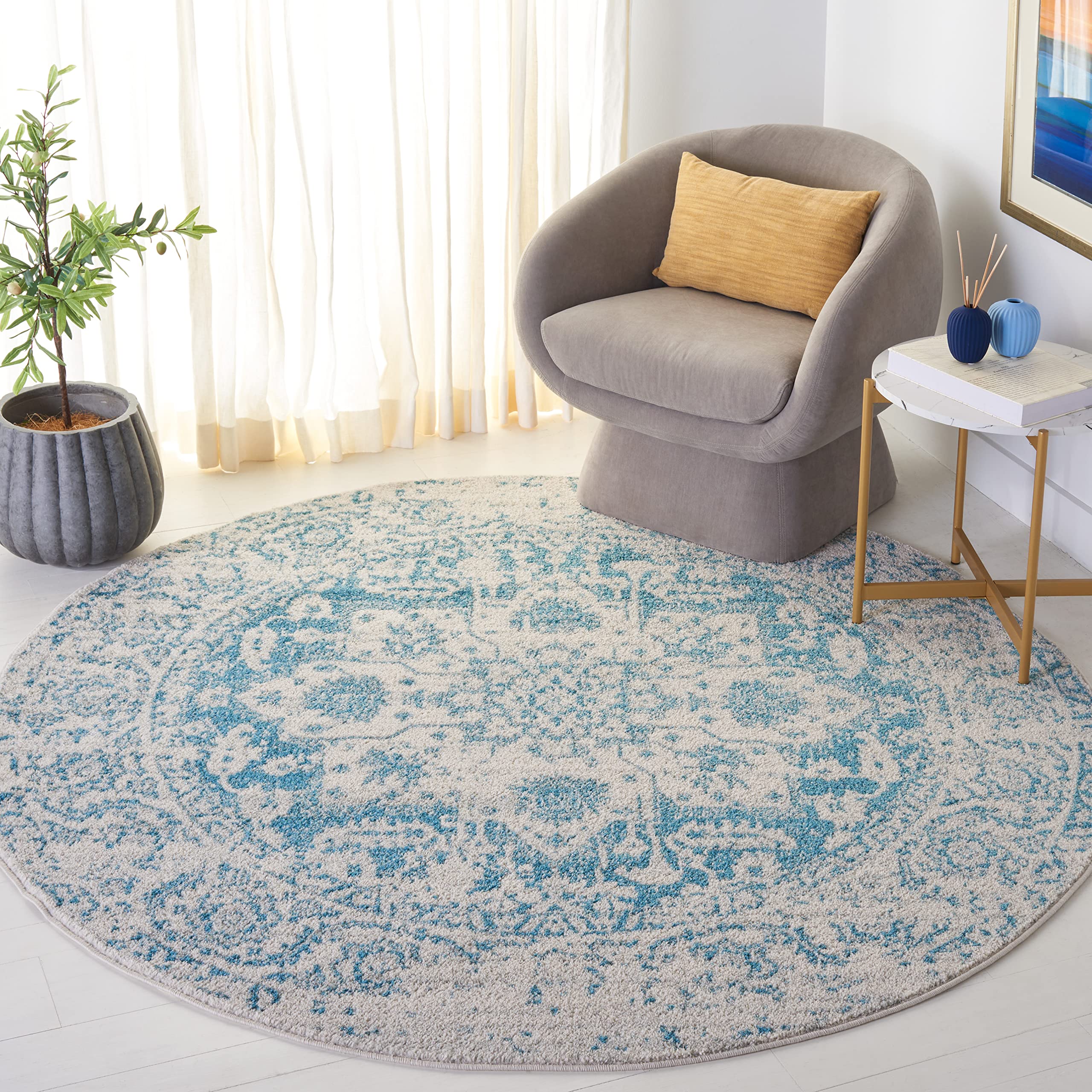 SAFAVIEH Madison Collection 67 Round Teal / Ivory MAD603J Oriental Snowflake Medallion Distressed Non-Shedding Dining Room Entr