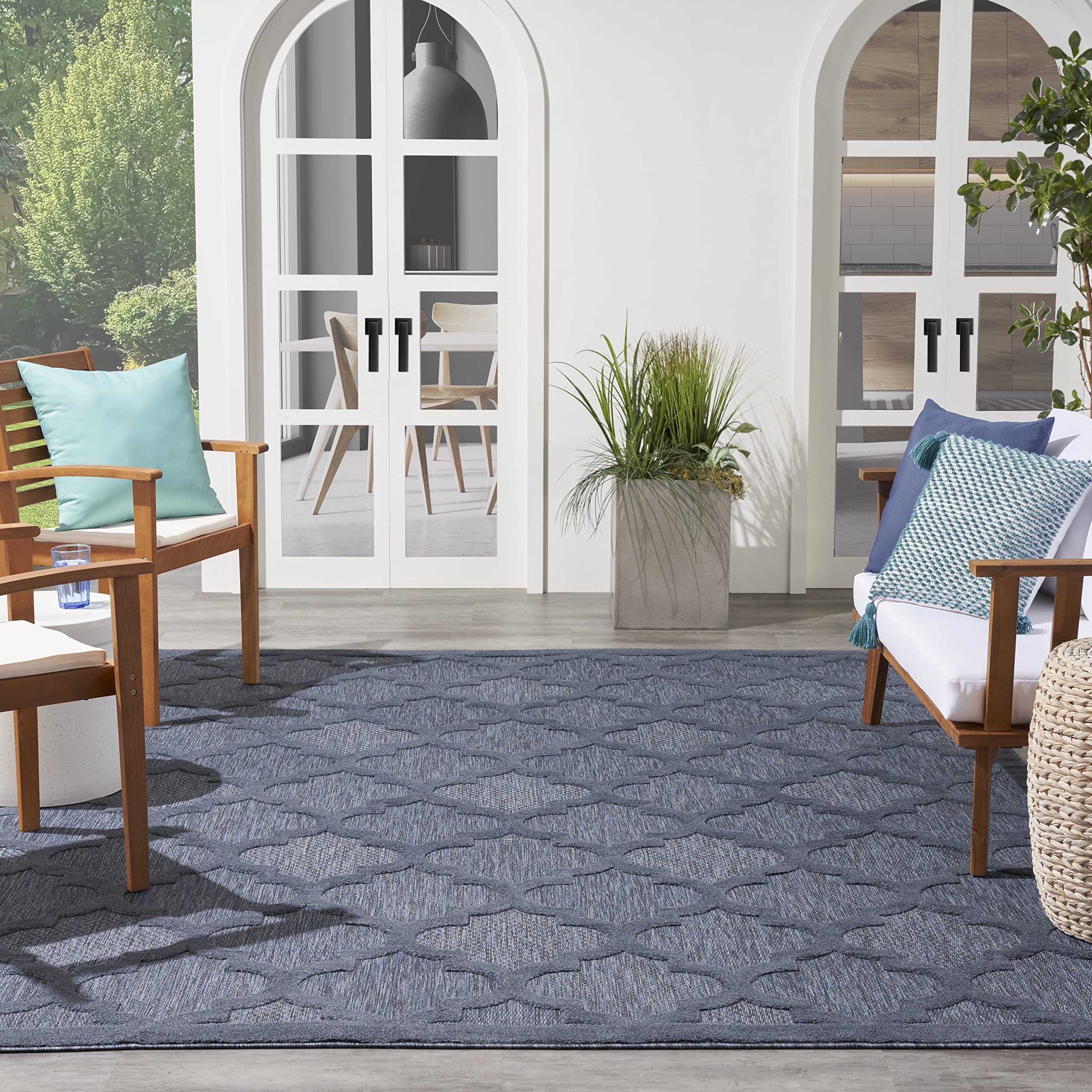 Nourison Easy Care Moroccan Navy Blue 8' X 10' Area Rug, Trellis, Easy Cleaning, Non Shedding, Bed Room, Living Room, Dining Roo