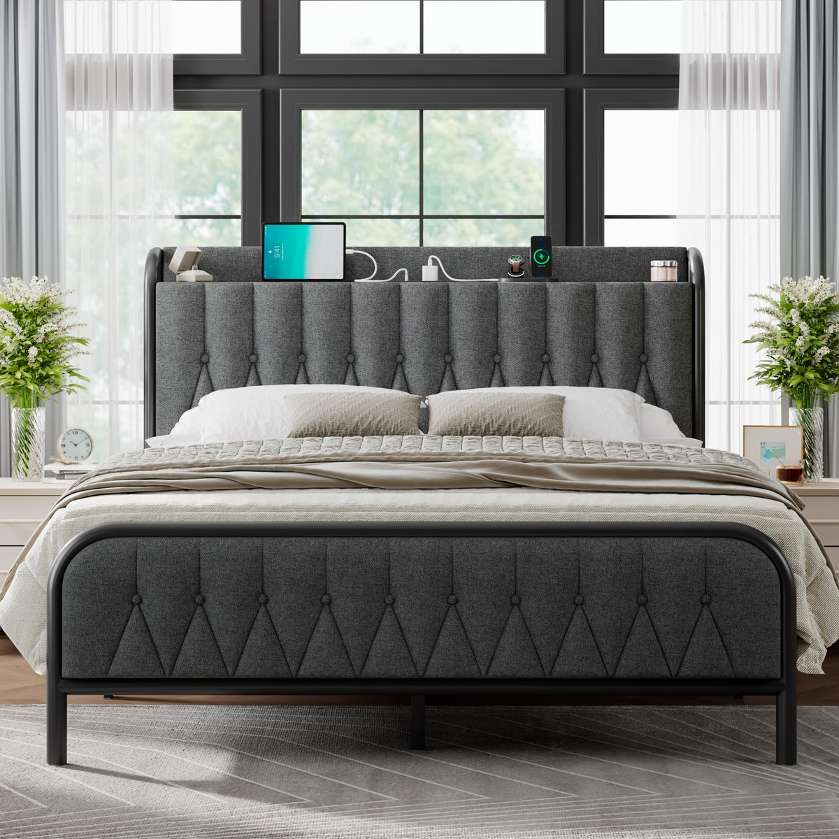 Feonase Linen Queen Bed Frame With Fast Charging Station,Queen Metal Platform Beds With Upholstered Headboard & Footboard,12' Underbed Storage Space,Easy Assembly,Noise-Free,Black Gray