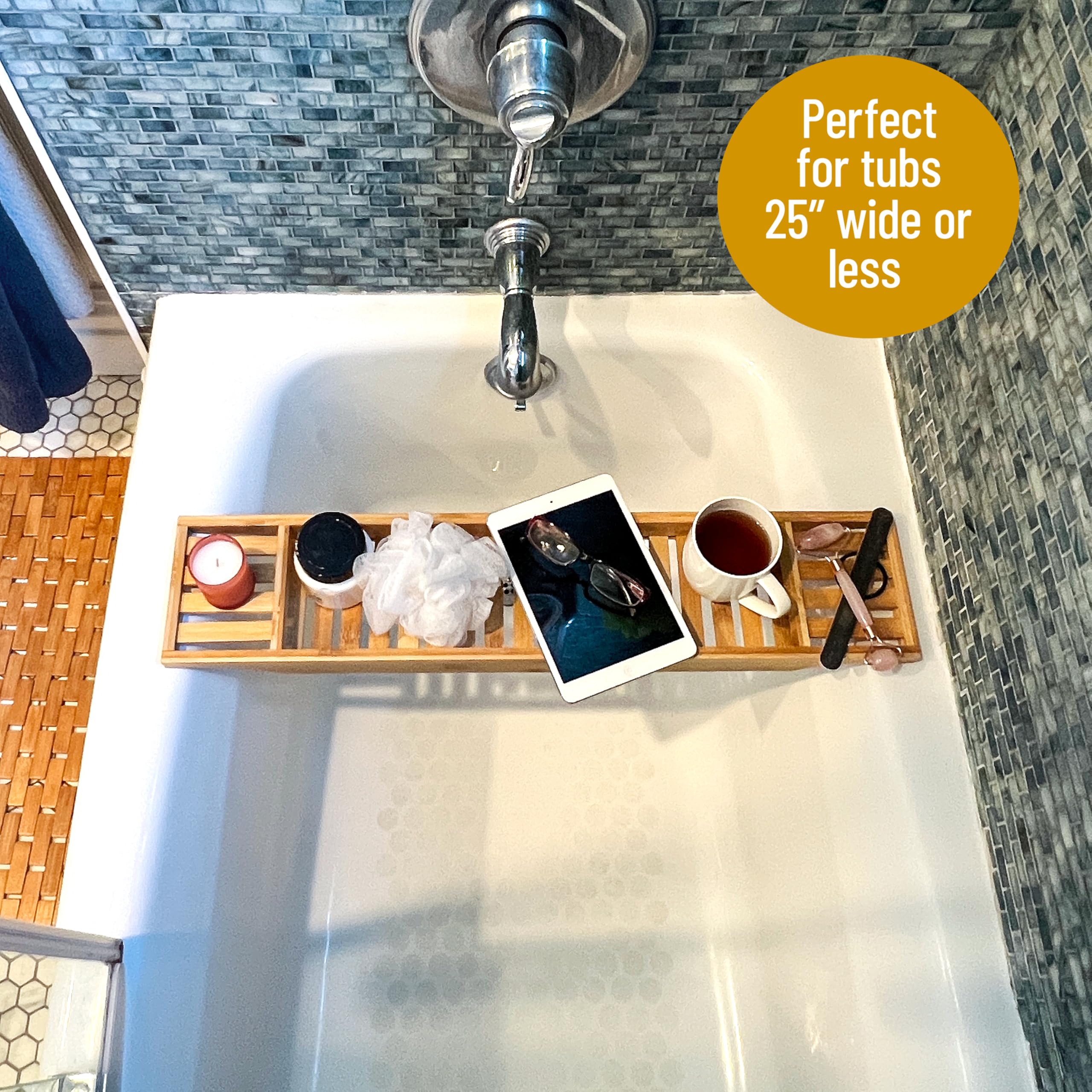 Mind Reader Bathtub Tray, Shower Organizer, Bathroom Accessory, Wood Tray, Rayon From Bamboo, 27.5'' L X 5.75'' Wx 1.75'' H, Bro