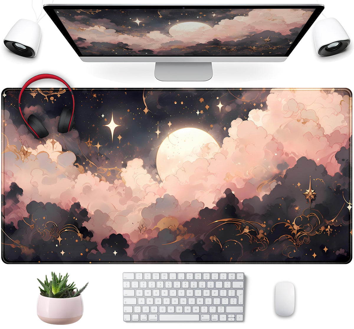 Pink Black Clouds Desk Mat Xxl Large Extended Gaming Mouse Pad Celestial Mousepad With Stitched Edges, Office Desktop Decor Desk
