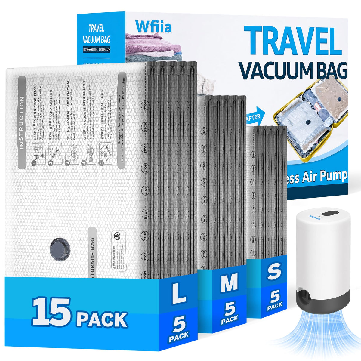 15 Packs Vacuum Bags for Travel with Rechargeable Pump, 3 Sizes Vacuum Seal Bags for Clothing, Compression Vacuum Travel Bags fo
