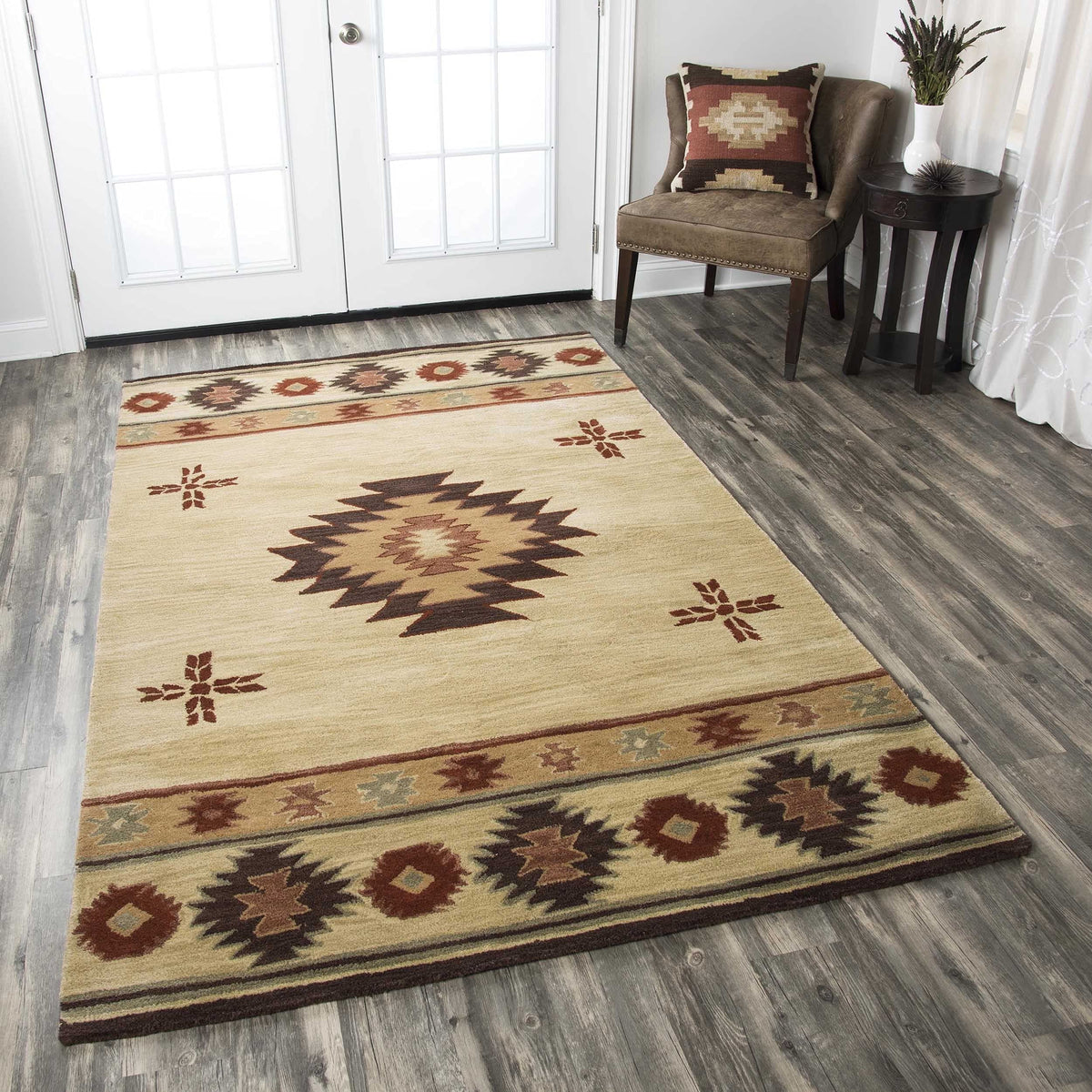 Rizzy Home Alora Decor Ryder 8' Round Tribal Khaki/Brown/Burgundy/Sage Hand-Tufted Area Rug