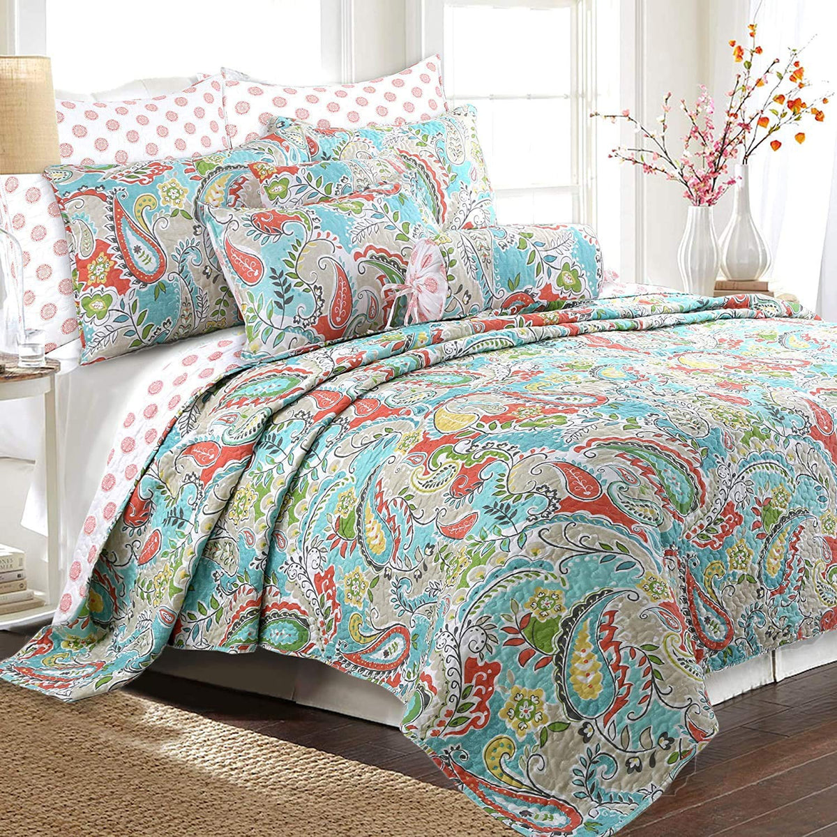 Cozy Line Home Fashions Turquoise Blue Coral Floral Leaf Reversible Quilt Bedding Set, Coverlet Bedspread Lightweight For All Se