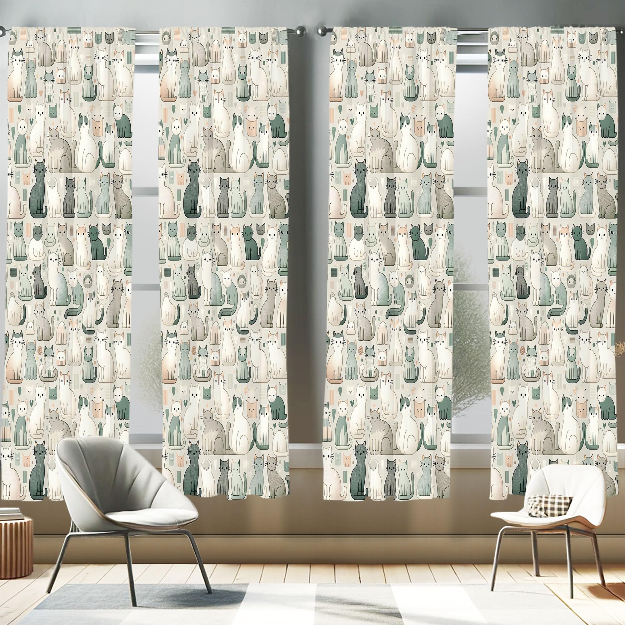 Ambesonne Cats Window Curtains Pack of 2, Cartoon Illustration of Delicate Kitten World with Muted Colors Modern, Lightweight Se