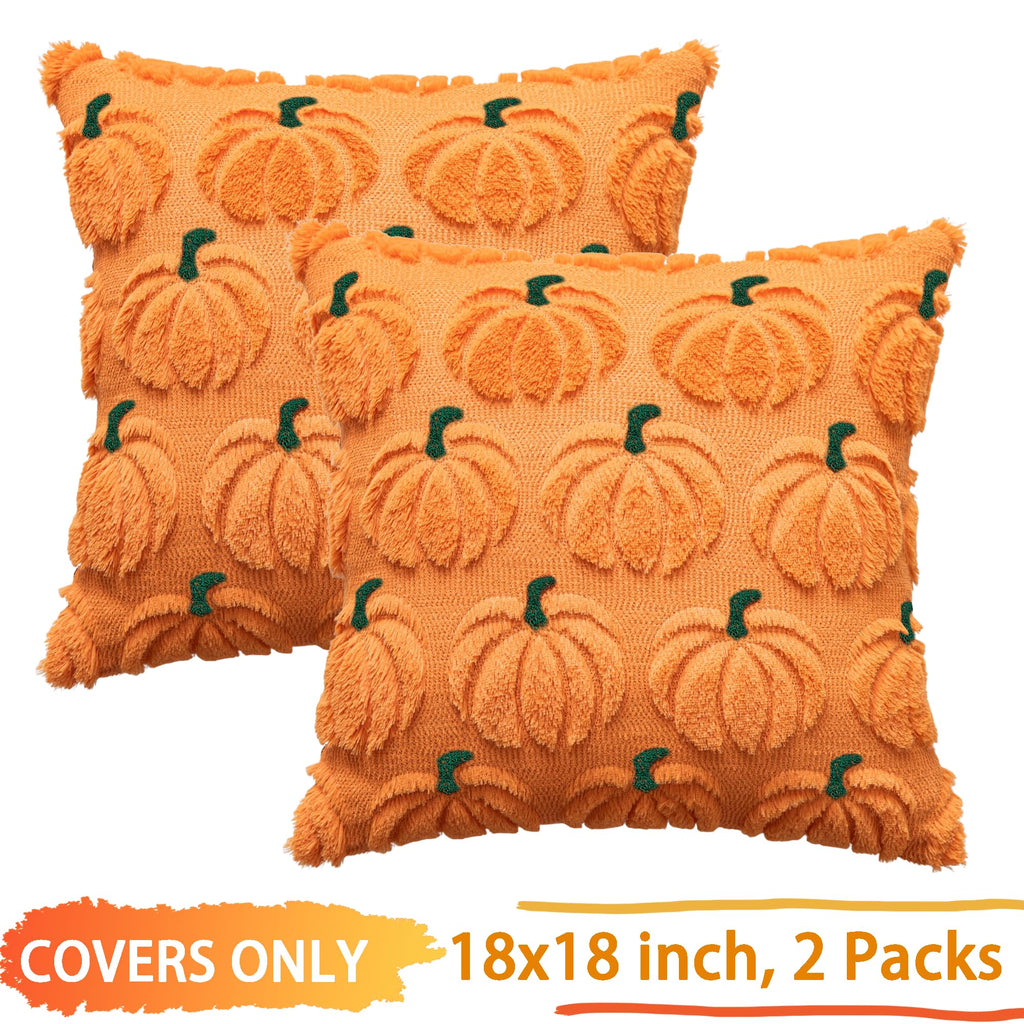Cosibono Pumpkin Fall Decorative Throw Pillow Covers 18'X18', Set Of 2 Orange Green Soft Faux Fur Pillow Covers For Autumn Har