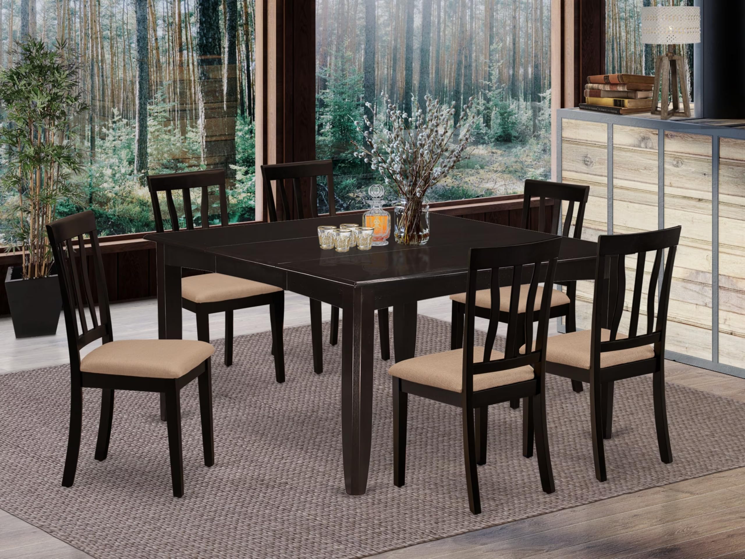East West Furniture PFAN7-CAP-C 7 Piece Dining Room Table Set Consist of a Square Wooden Table with Butterfly Leaf and 6 Linen Fabric Kitchen Dining Chairs, 54x54 Inch, Cappuccino