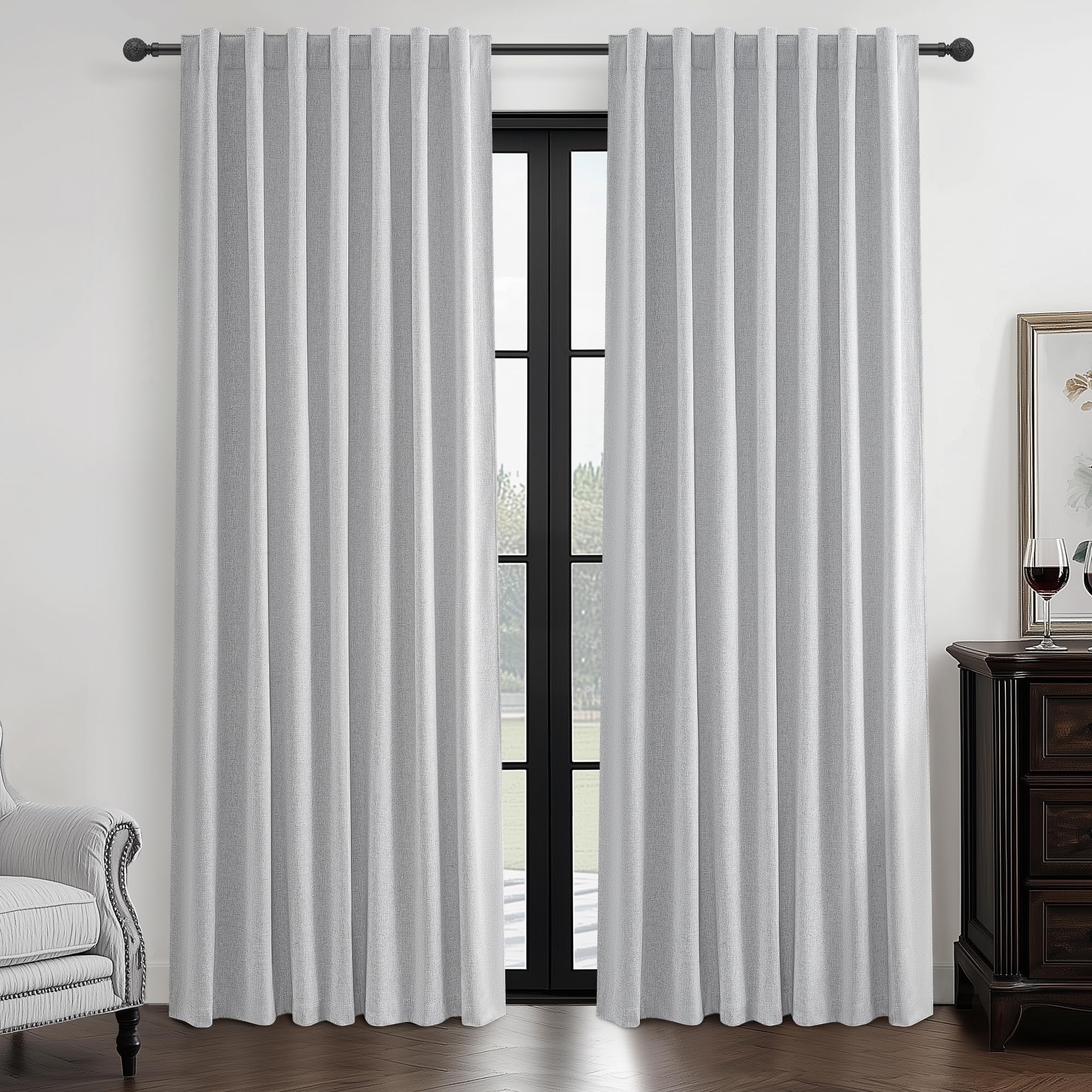 Light Grey Blackout Curtains 84 Inch Length 2 Panels Set for Bedroom, Modern Faux Linen Room Darkening Pleated Gray Burg with Ro