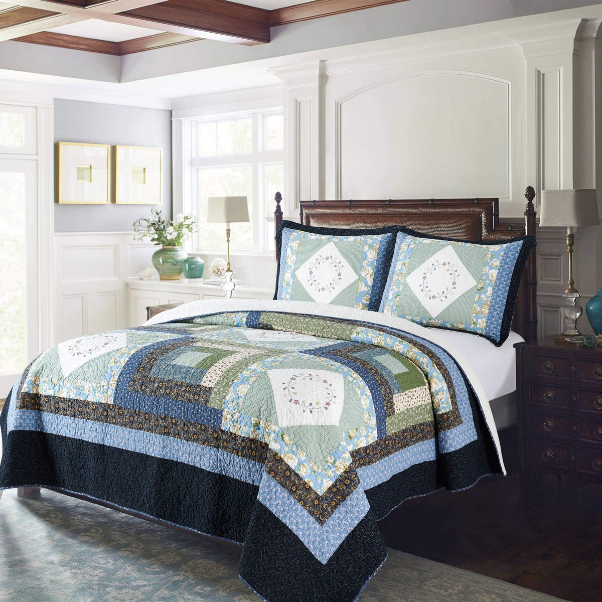 Kasentex Authentic 100% Cotton Easy-Clean Luxurious Soft Royal Blue Floral - Coastal Embroidery Quilt Oversize Bedspread - Machi