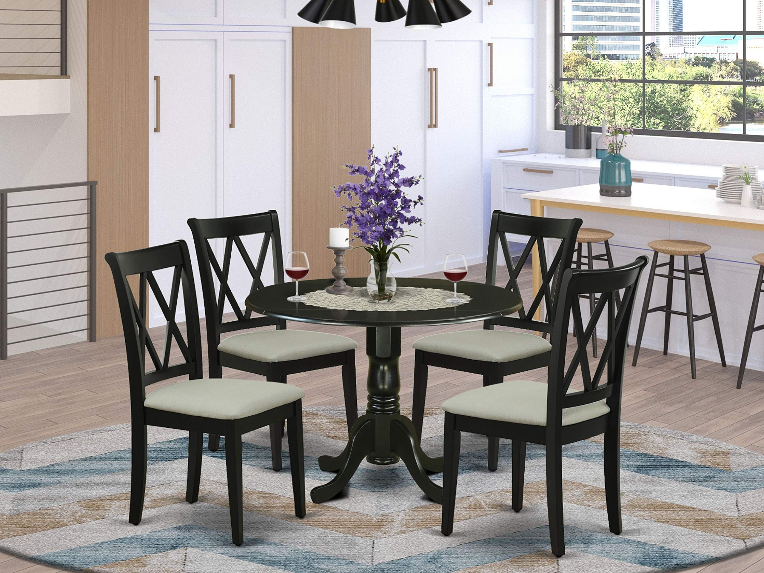 East West Furniture Dlcl5-Blk-C 5 Piece Dining Room Table Set Includes A Round Dining Table With Dropleaf And 4 Linen Fabric Upholstered Chairs, 42X42 Inch, Black