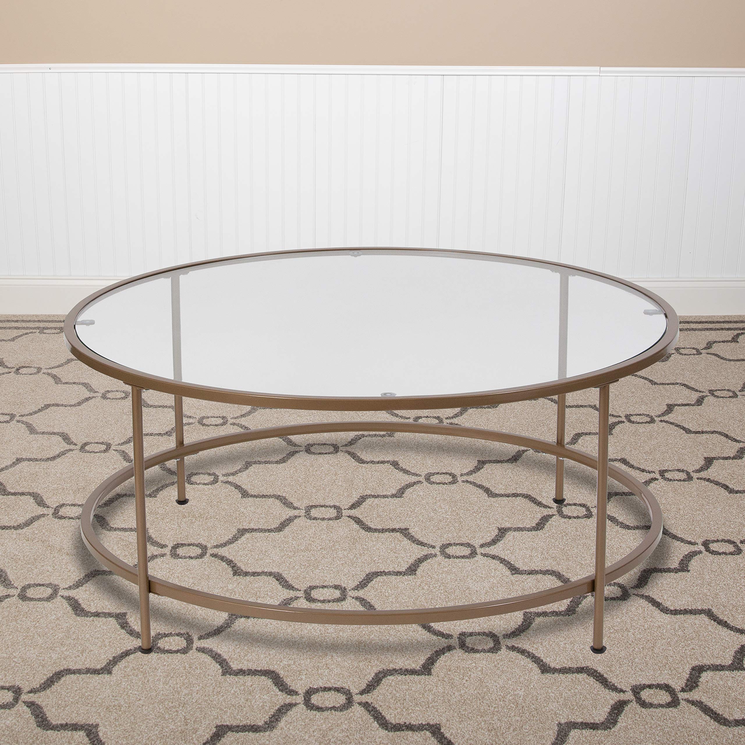Flash Furniture Astoria Collection Round Coffee Table - Modern Clear Glass Coffee Table - Brushed Gold Frame