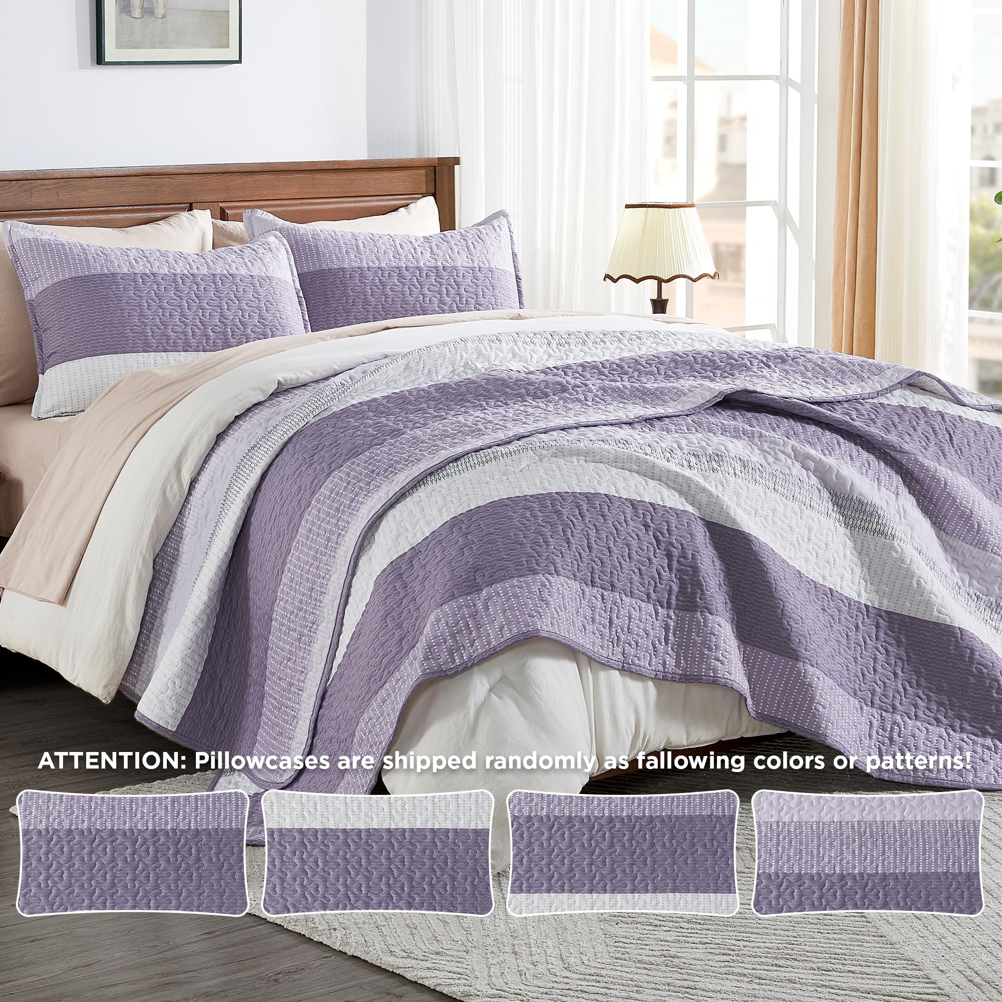 Andency King Size Quilt Set Grayish Purple, 3 Pieces Summer Ultra Soft Lightweight Bedspreads & Coverlets Set, Patchwork Striped Quilted Bedding Sets For All Seasons (1 Quilt, 2 Pillow Shams)