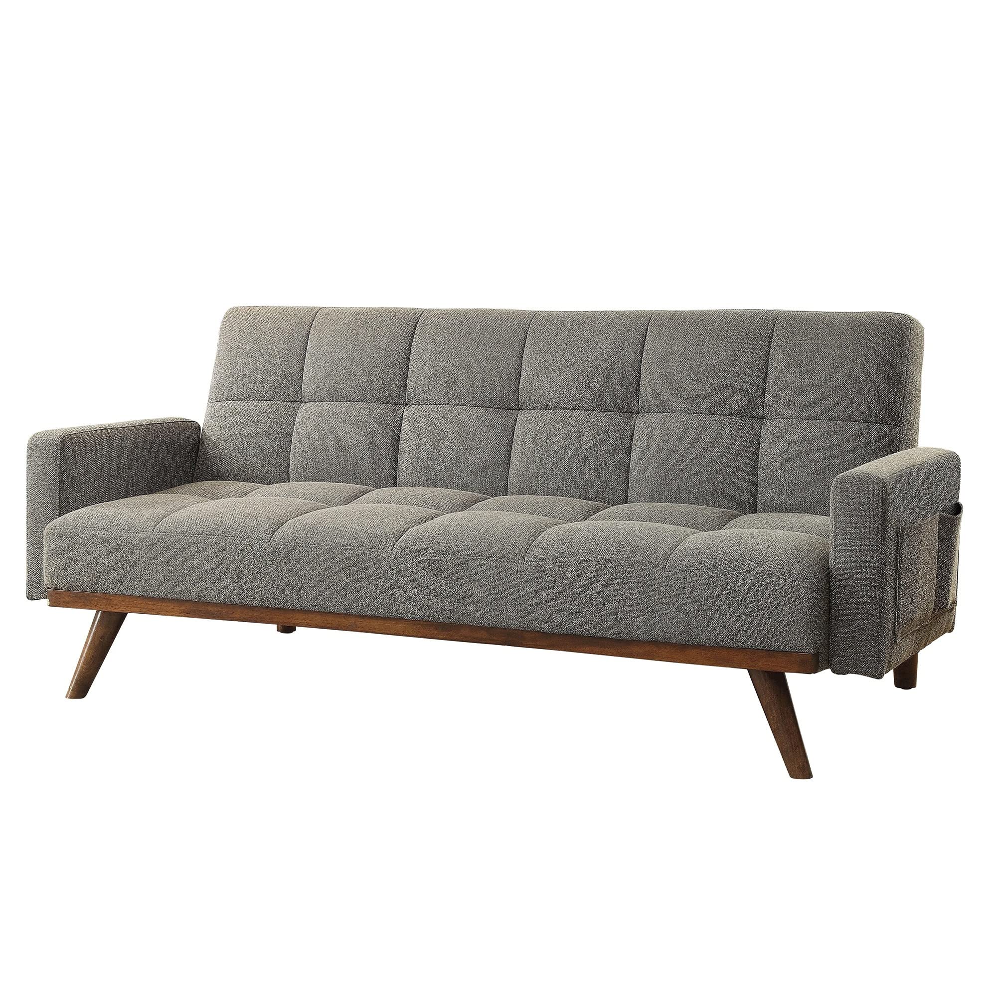 Benjara Benzara Fabric Upholstered Tufted Futon Sofa with Angled Wooden Legs, Gray