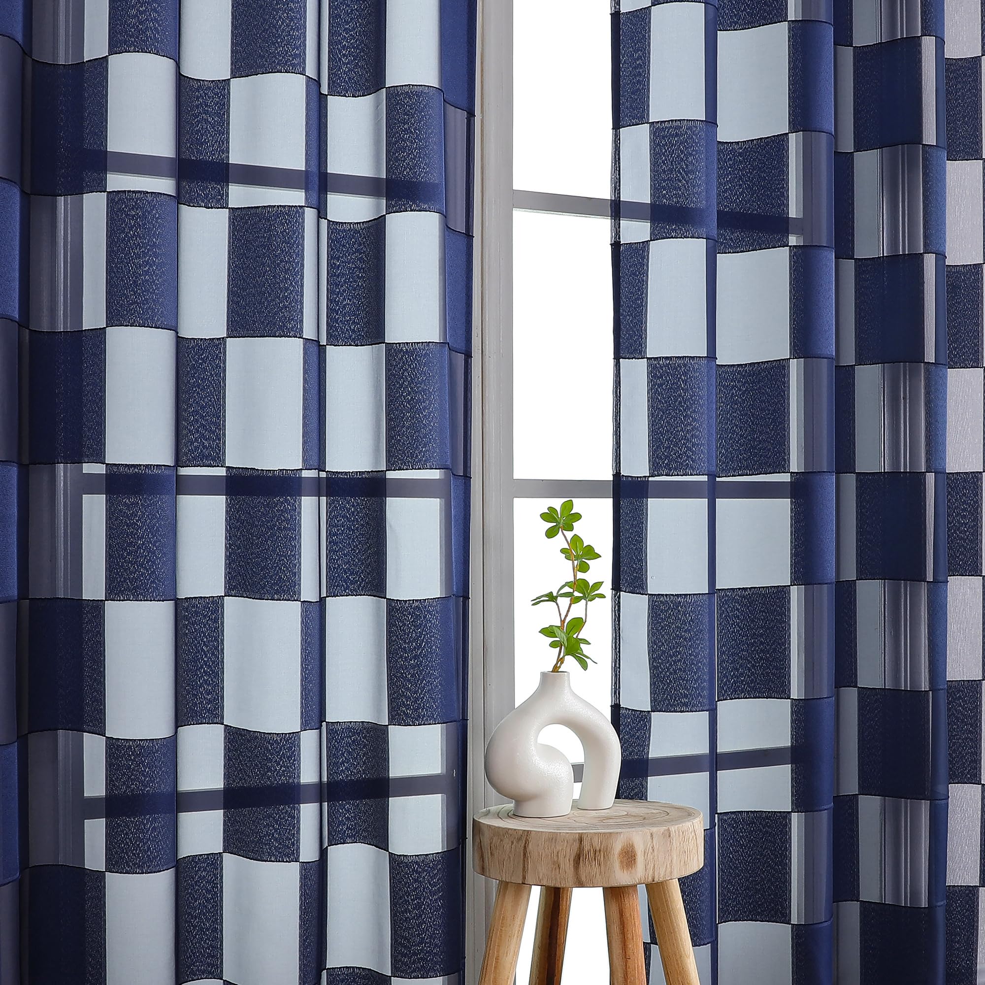Ovzme Barry Navy Blue Curtains 54 Inches Long 2 Panels - Privacy Soft Checkered Light Filtering Sheer Drapes, Clip Textured Semi