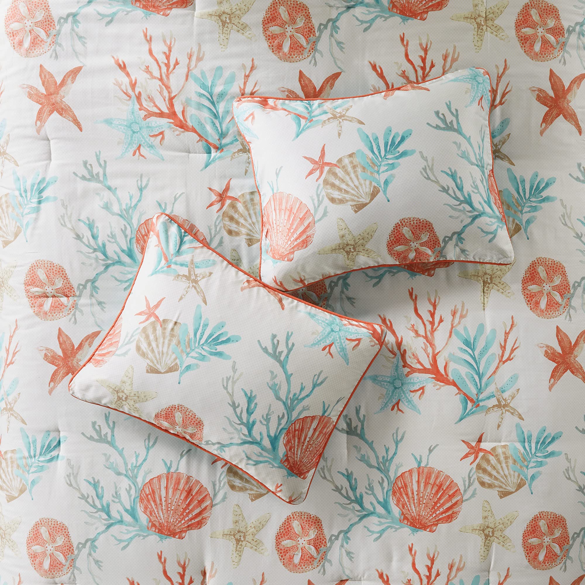 Madison Park 100% Cotton Comforter Set - Coastal Coral, Starfish Design All Season Down Alternative Cozy Bedding With Matching Shams, Decorative Pillow, California King(104'X92'), Teal 7 Piece