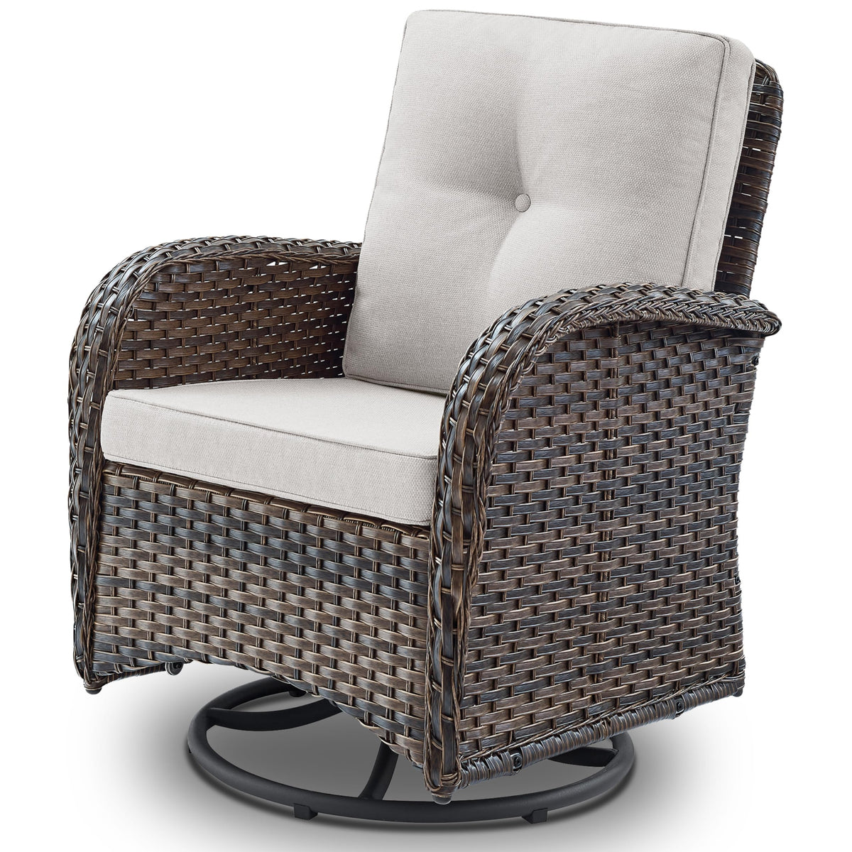 Patio Furniture Swivel Glider Pe Wicker Chair, Outdoor Swivel Rocker Seating With Cushions For Porch Deck Balcony, Brown/Beige