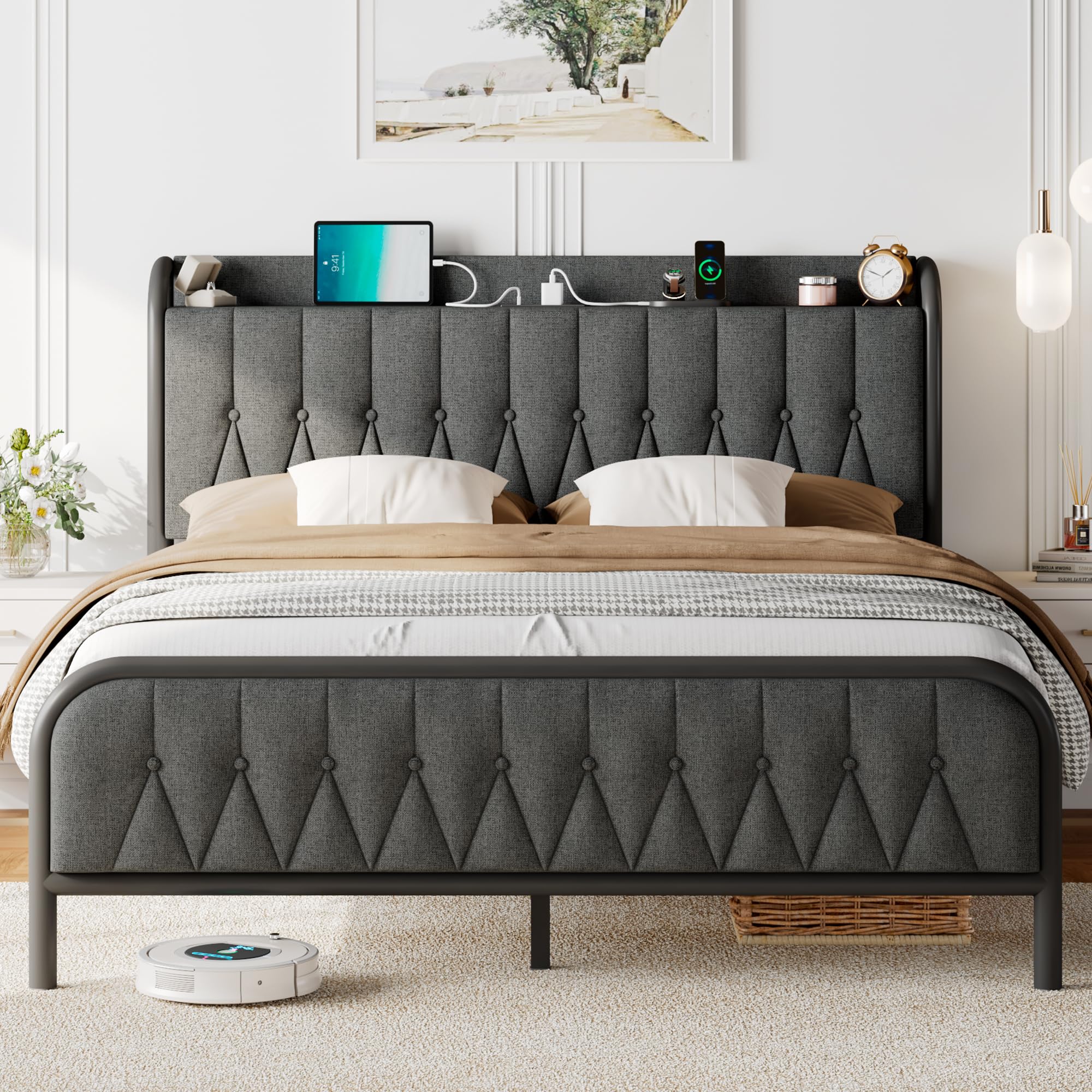 Feonase Queen Bed Frame With Type-C & Usb Port, Metal Platform Beds, With Linen Upholstered Headboard & Footboard, 12' Underbed Storage Space, Easy Assembly, Noise-Free, Dark Gray