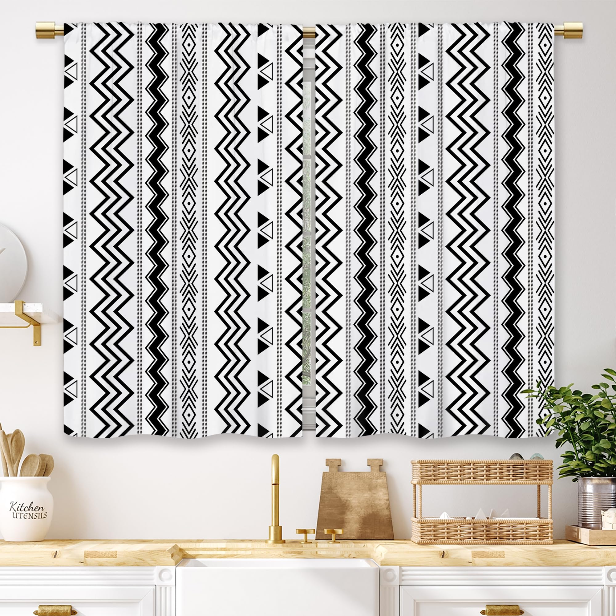 Laifzere Black White Boho Kitchen Curtains Tribal Small Short Cafe Window Curtains Geometric Rod Pocket Nordic Modern Striped Ba
