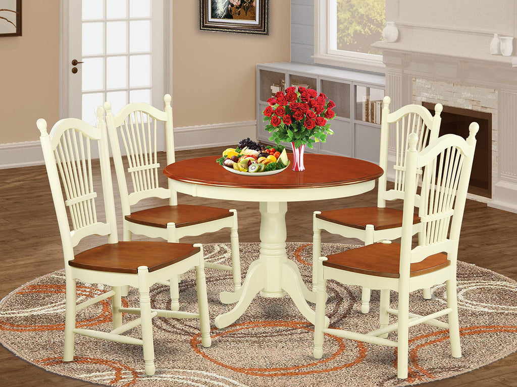 East West Furniture HLDO5-BMK-W 5 Piece Dining Table Set for 4 Includes a Round Kitchen Table with Pedestal and 4 Kitchen Dining Chairs, 42x42 Inch, Buttermilk & Cherry
