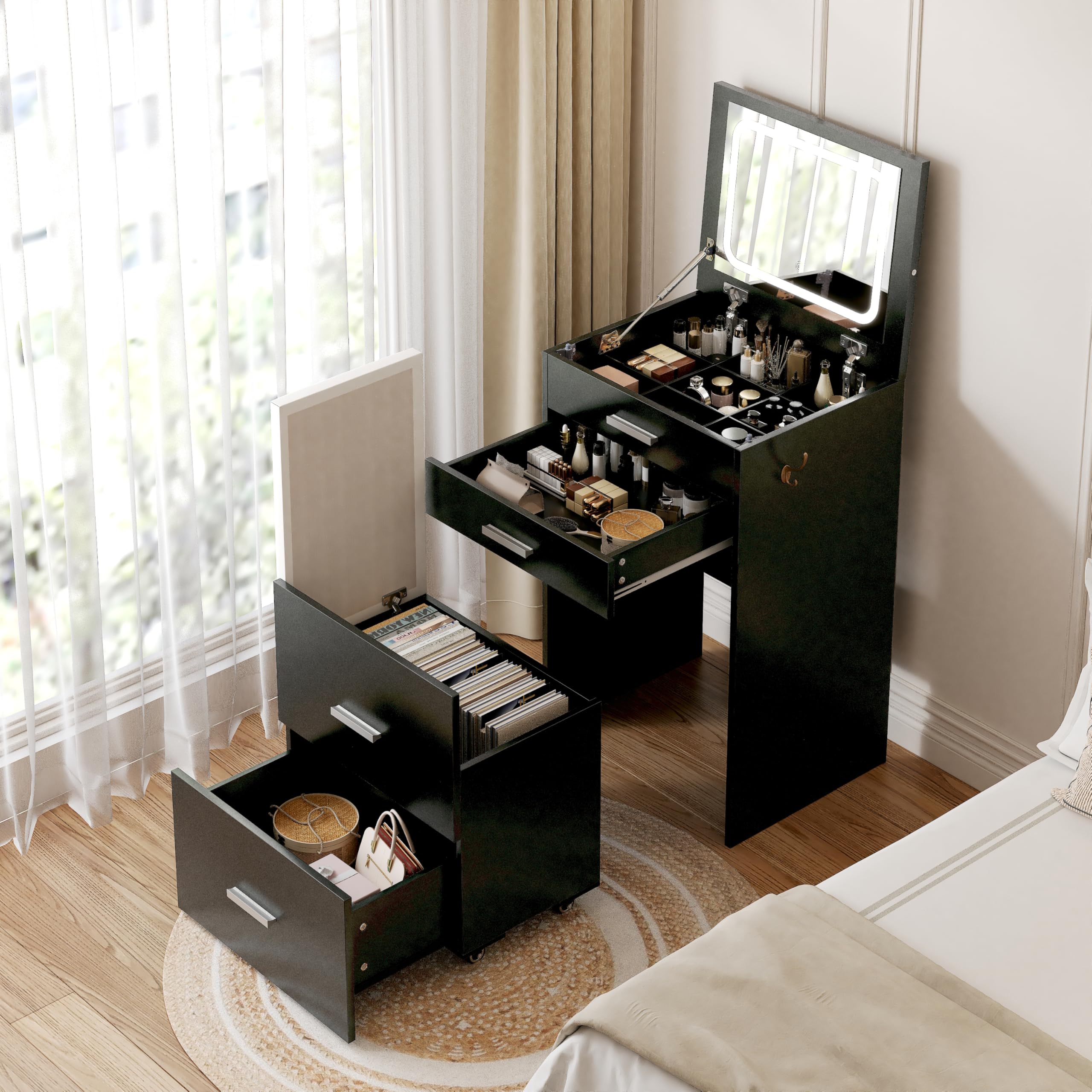 PulseFay Compact Vanity with 3 Drawers, 3 in 1 Vanity Desk, Makeup Desk with Flip-up 3 Colors Lighting Mirror and Cushioned Stoo