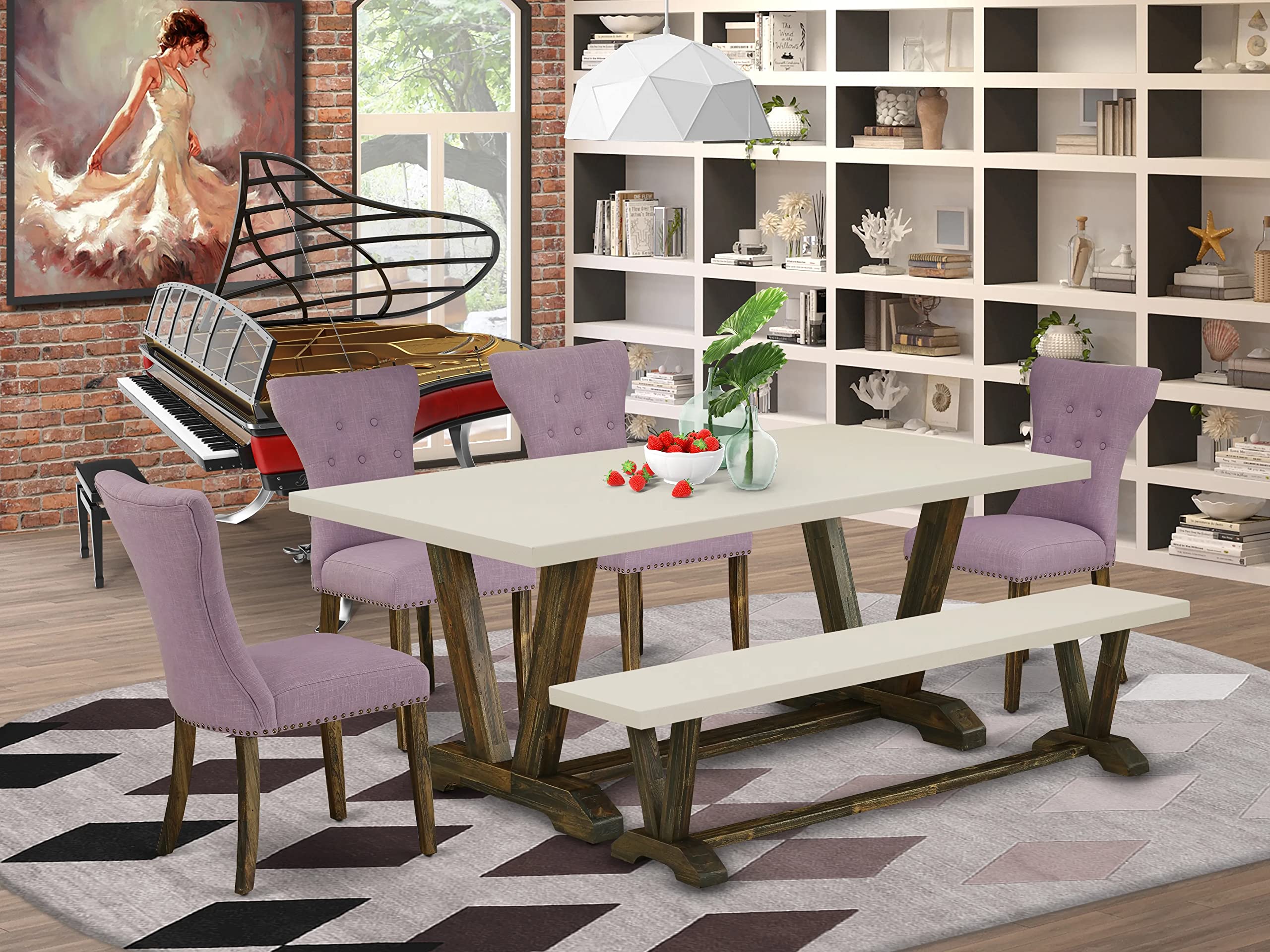 East West Furniture V727Ga740-6 6 Piece Dining Room Set Contains A Rectangle Dining Table With V-Legs And 4 Dahlia Linen Fabric Parson Chairs With A Bench, 40X72 Inch, Multi-Color