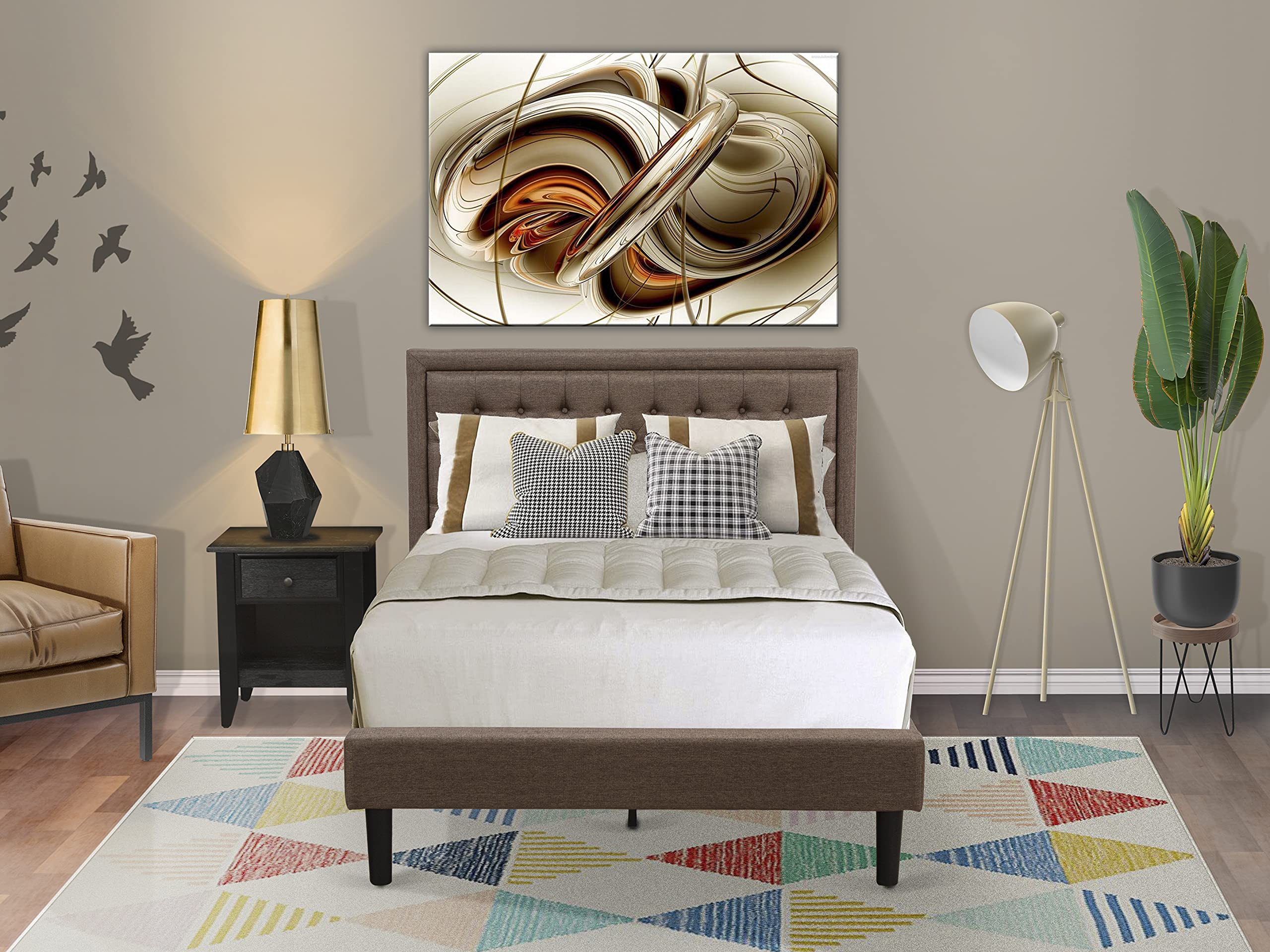 East West Furniture KD18F-1GA06 2 Piece Bedroom Set - 1 Full Platform Bed Frame Brown Linen Fabric Padded and Button Tufted Headboard with 1 Small Night Stand - Wire Brushed Black Finish Nightstand