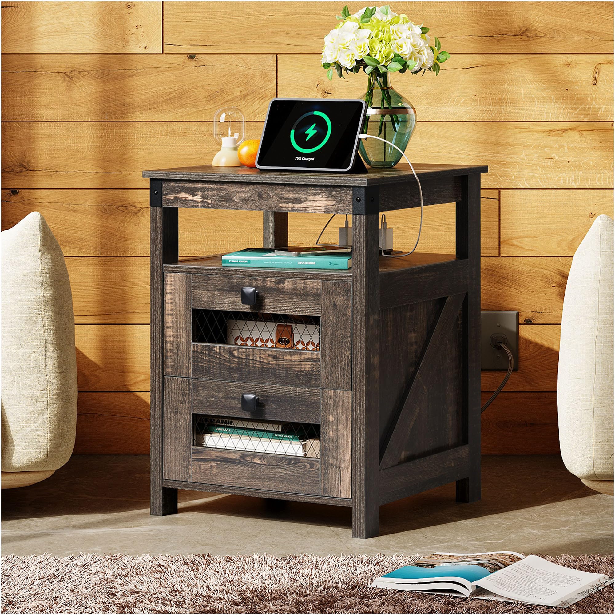 WLIVE Night Stand with Charger Station, End Tables Bedroom, Living Room, Side Table with 2 Wooden Storage Drawers, Farmhouse Nig
