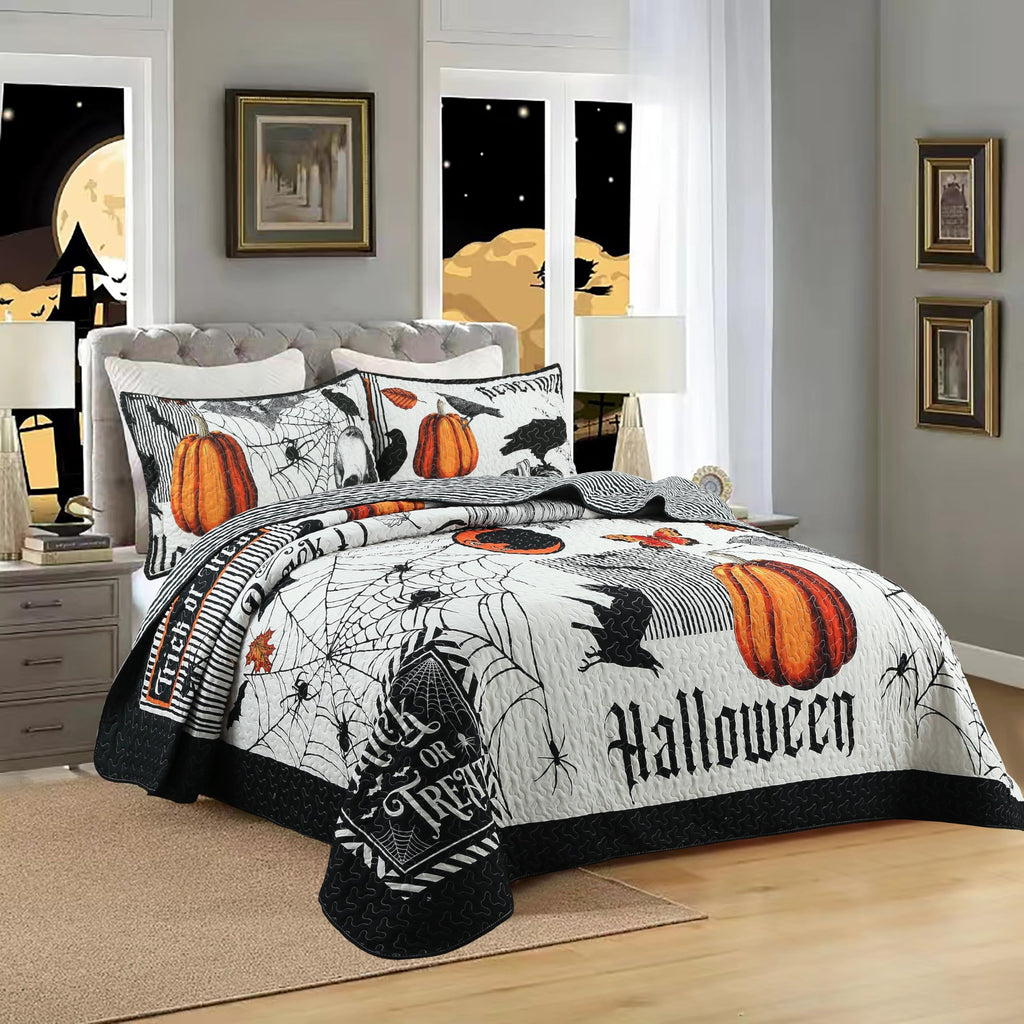 Marcielo 3 Pcs Halloween Themed Quilt Bedspread Set - Cozy And Spooky Pumpkin And Ghost Pattern Me500 (Halloween, King)