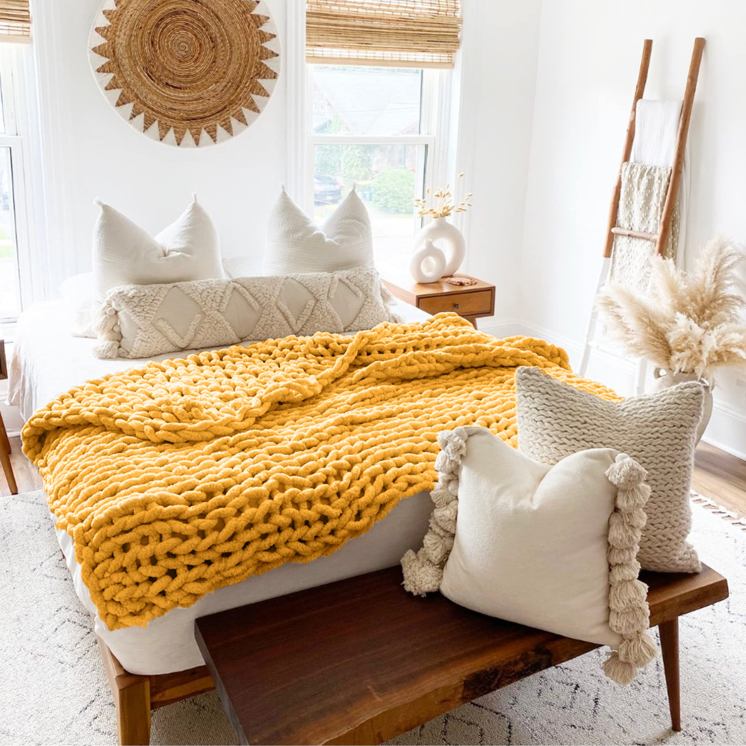 Adyrescia Chunky Knit Blanket Throw | 100% Hand Knit With Jumbo Chenille Yarn (60''X80'', Harvest Yellow)