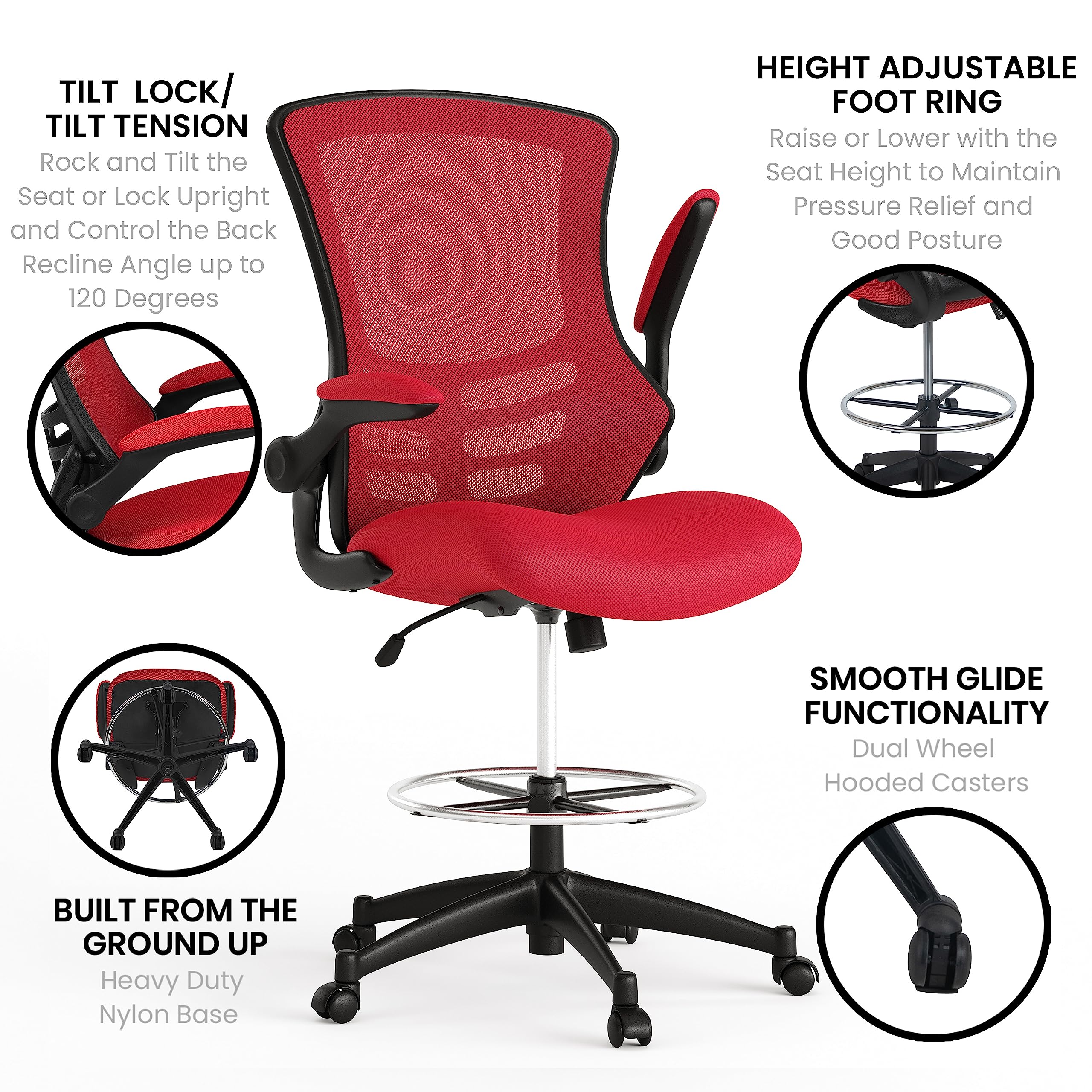 Flash Furniture Kelista Mid-Back Swivel Office Chair with Adjustable Seat Height, Ergonomic Mesh Desk Chair with Flip-Up Armrests, Red