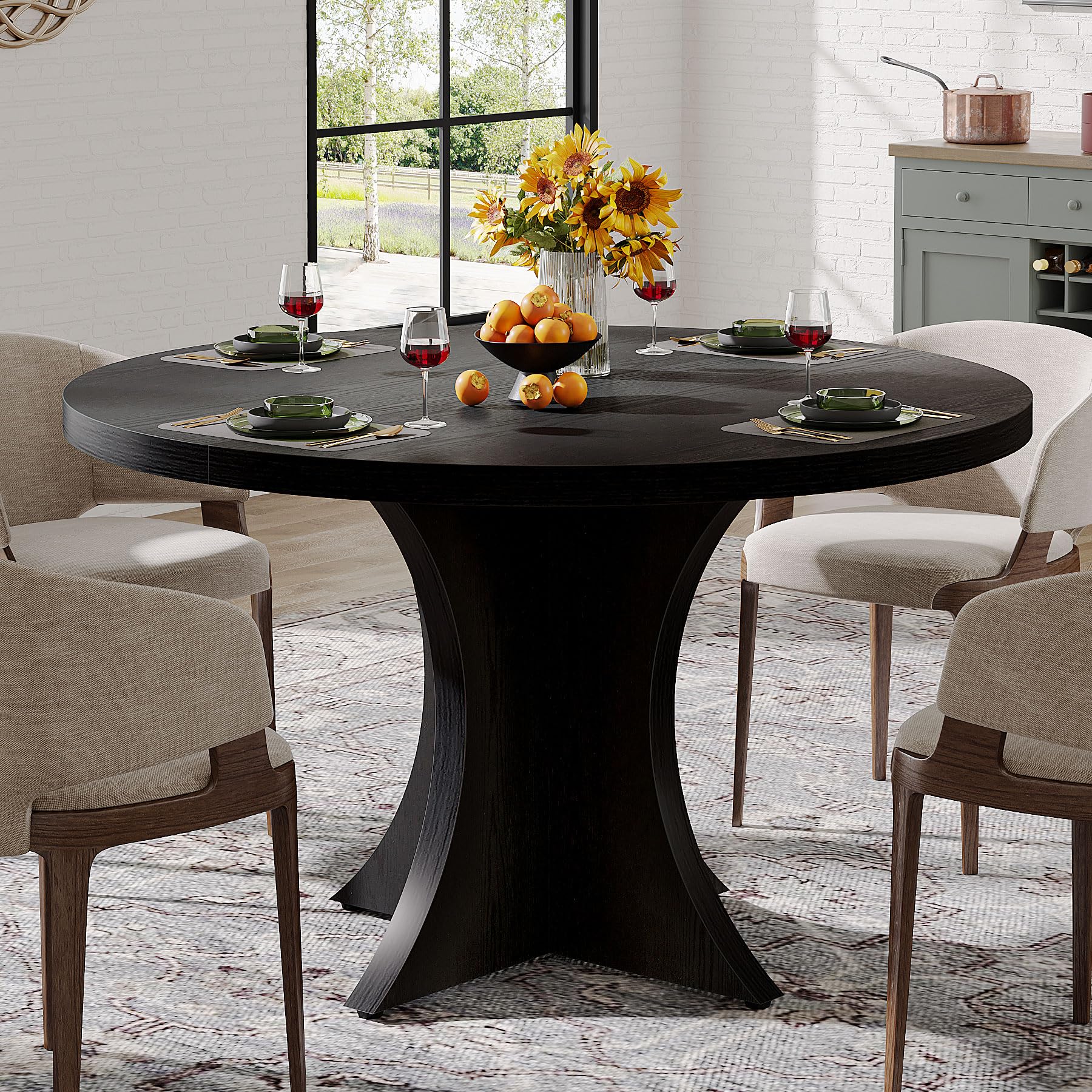 Tribesigns Round Dining Table for 4-6, 47.24-Inch Farmhouse Kitchen Table, Wood Dining Table with Pedestal Base, Small Dinner Ta