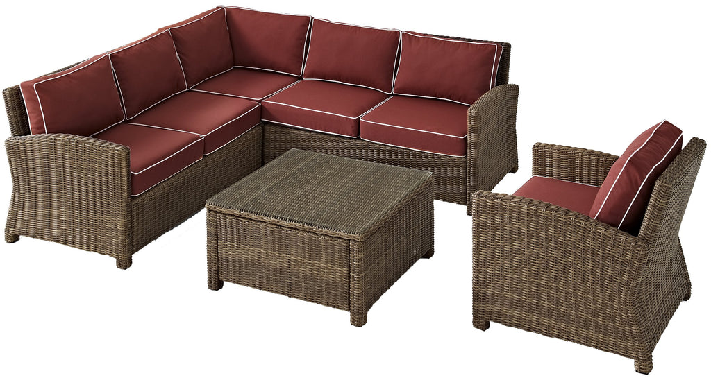 Crosley Furniture Bradenton 5-Piece Outdoor Sectional Sofa Wicker Conversation Patio Furniture Set for Deck, Brown with Sangria Cushions