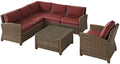 Crosley Furniture Bradenton 5-Piece Outdoor Sectional Sofa Wicker Conversation Patio Furniture Set for Deck, Brown with Sangria Cushions